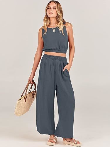 Casual Solid Color Pantsuits, Sleeveless Elastic Hem Crop Tank Top & Wide Leg Pocket Pants Outfits, Women's Clothing - VINE GLOBAL