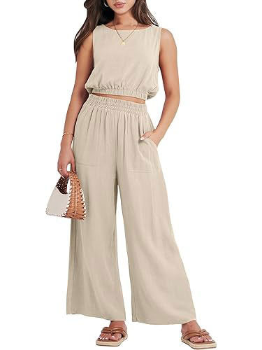 Casual Solid Color Pantsuits, Sleeveless Elastic Hem Crop Tank Top & Wide Leg Pocket Pants Outfits, Women's Clothing - VINE GLOBAL