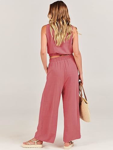Casual Solid Color Pantsuits, Sleeveless Elastic Hem Crop Tank Top & Wide Leg Pocket Pants Outfits, Women's Clothing - VINE GLOBAL