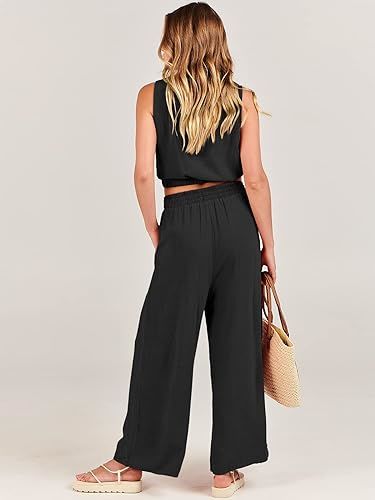Casual Solid Color Pantsuits, Sleeveless Elastic Hem Crop Tank Top & Wide Leg Pocket Pants Outfits, Women's Clothing - VINE GLOBAL