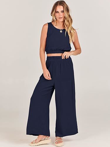 Casual Solid Color Pantsuits, Sleeveless Elastic Hem Crop Tank Top & Wide Leg Pocket Pants Outfits, Women's Clothing - VINE GLOBAL