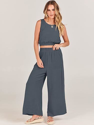 Casual Solid Color Pantsuits, Sleeveless Elastic Hem Crop Tank Top & Wide Leg Pocket Pants Outfits, Women's Clothing - VINE GLOBAL