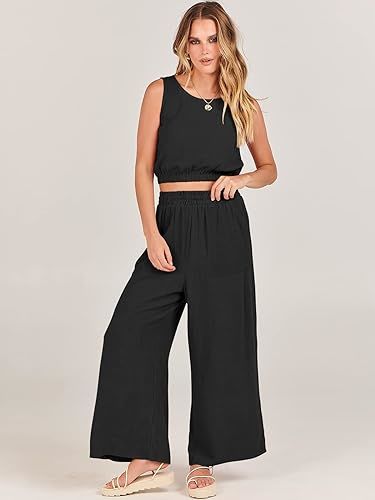 Casual Solid Color Pantsuits, Sleeveless Elastic Hem Crop Tank Top & Wide Leg Pocket Pants Outfits, Women's Clothing - VINE GLOBAL