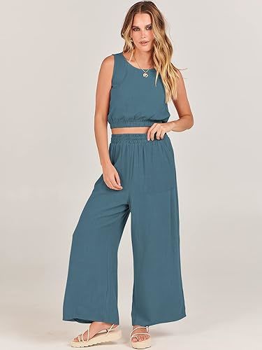 Casual Solid Color Pantsuits, Sleeveless Elastic Hem Crop Tank Top & Wide Leg Pocket Pants Outfits, Women's Clothing - VINE GLOBAL