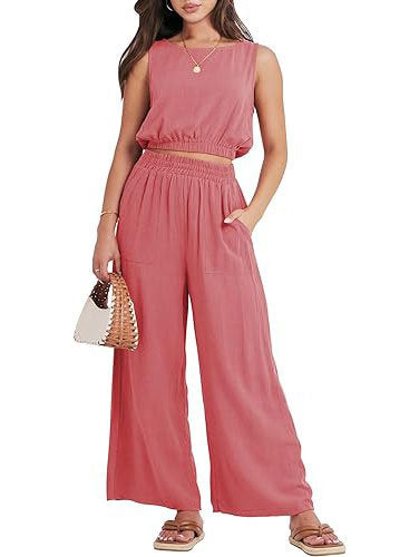 Casual Solid Color Pantsuits, Sleeveless Elastic Hem Crop Tank Top & Wide Leg Pocket Pants Outfits, Women's Clothing - VINE GLOBAL