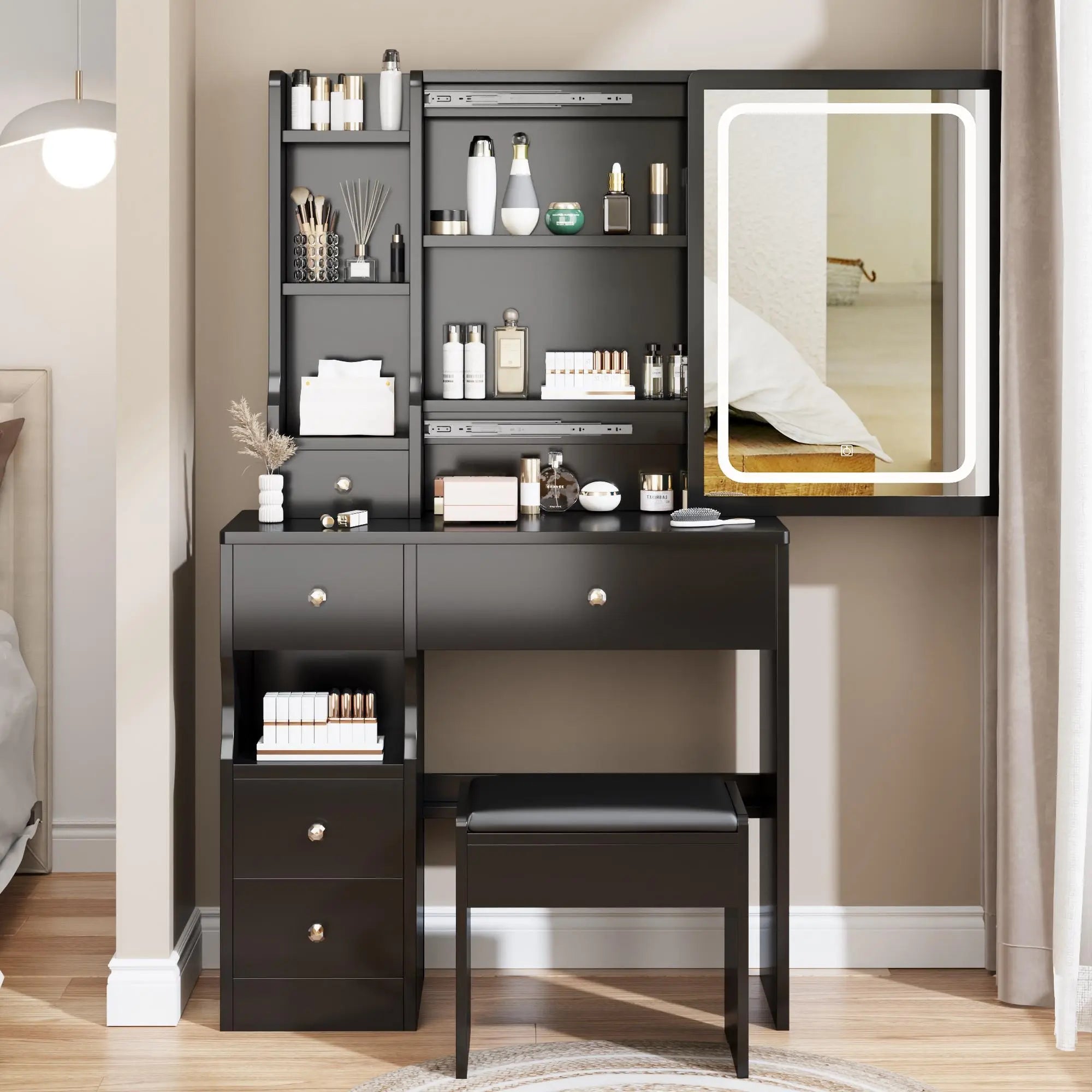 Small Space Left Drawer Desktop Vanity Table + Cushioned Stool, Extra Large Touch Control Sliding LED Mirror, Tri-color Switching, Brightness Adjustable, Suitable for Girls No More Than 5.6ft Tall - VINE GLOBAL