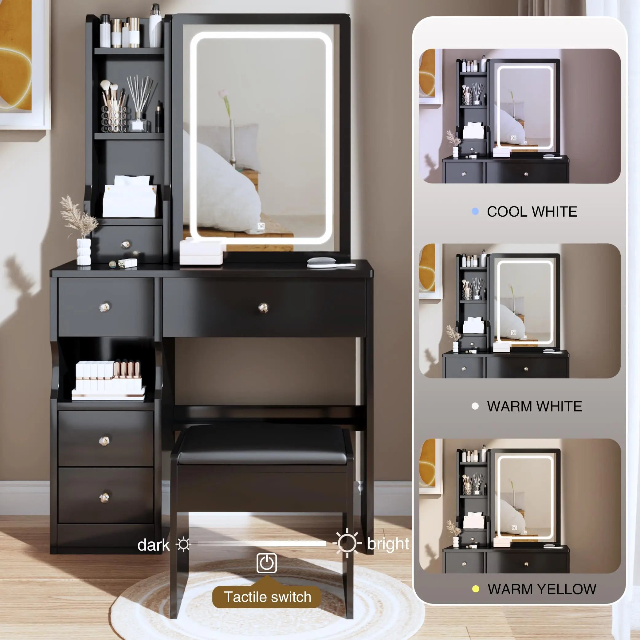 Small Space Left Drawer Desktop Vanity Table + Cushioned Stool, Extra Large Touch Control Sliding LED Mirror, Tri-color Switching, Brightness Adjustable, Suitable for Girls No More Than 5.6ft Tall - VINE GLOBAL