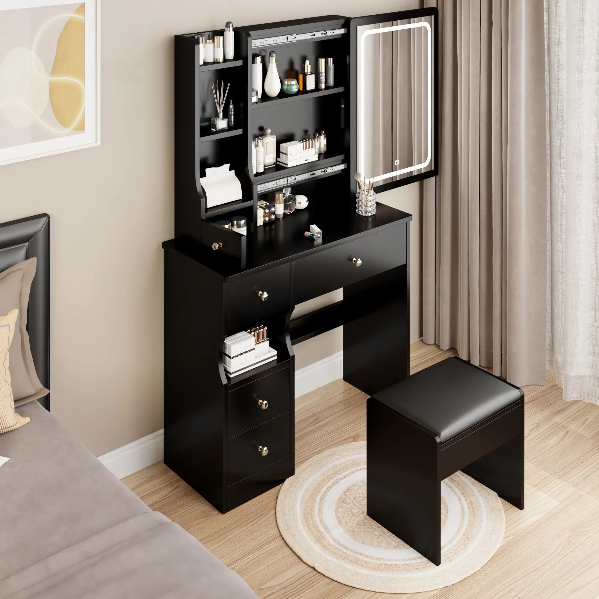 Small Space Left Drawer Desktop Vanity Table + Cushioned Stool, Extra Large Touch Control Sliding LED Mirror, Tri-color Switching, Brightness Adjustable, Suitable for Girls No More Than 5.6ft Tall - VINE GLOBAL