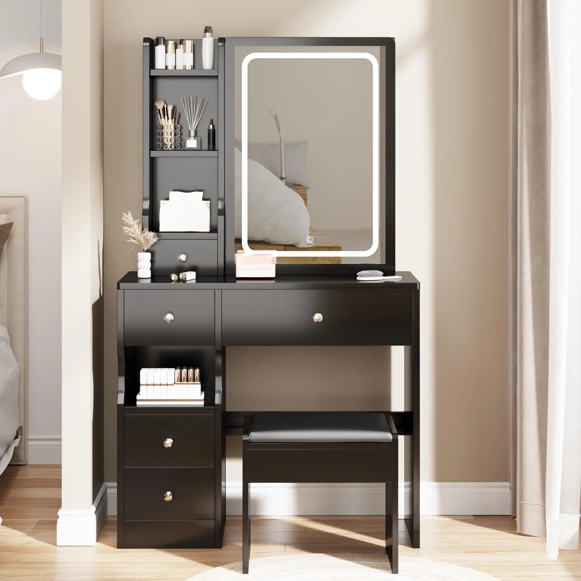 Small Space Left Drawer Desktop Vanity Table + Cushioned Stool, Extra Large Touch Control Sliding LED Mirror, Tri-color Switching, Brightness Adjustable, Suitable for Girls No More Than 5.6ft Tall - VINE GLOBAL