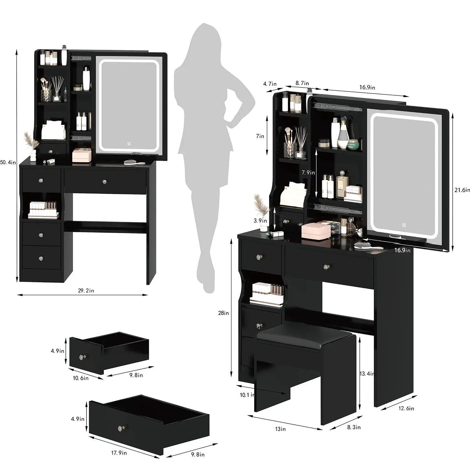 Small Space Left Drawer Desktop Vanity Table + Cushioned Stool, Extra Large Touch Control Sliding LED Mirror, Tri-color Switching, Brightness Adjustable, Suitable for Girls No More Than 5.6ft Tall - VINE GLOBAL