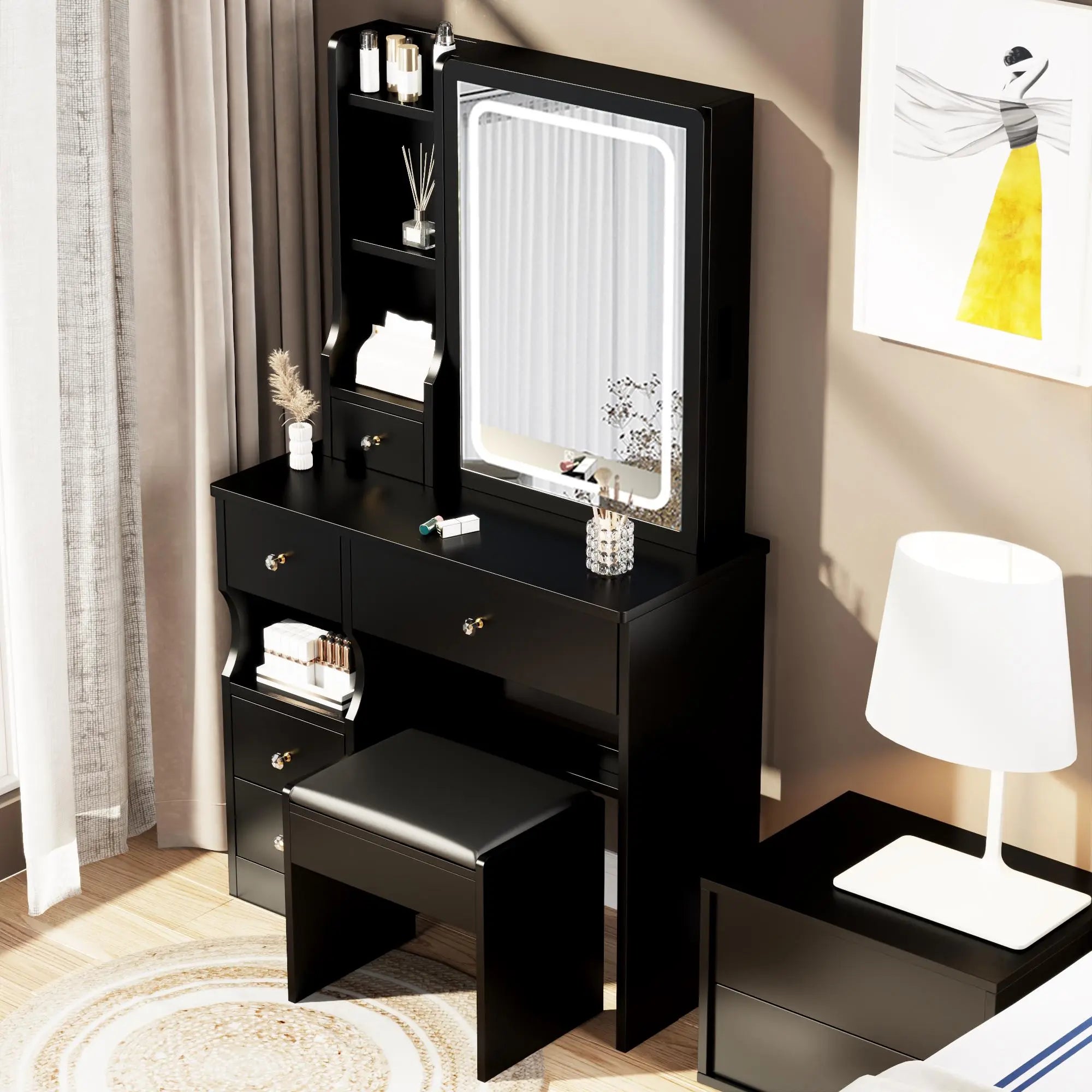 Small Space Left Drawer Desktop Vanity Table + Cushioned Stool, Extra Large Touch Control Sliding LED Mirror, Tri-color Switching, Brightness Adjustable, Suitable for Girls No More Than 5.6ft Tall - VINE GLOBAL