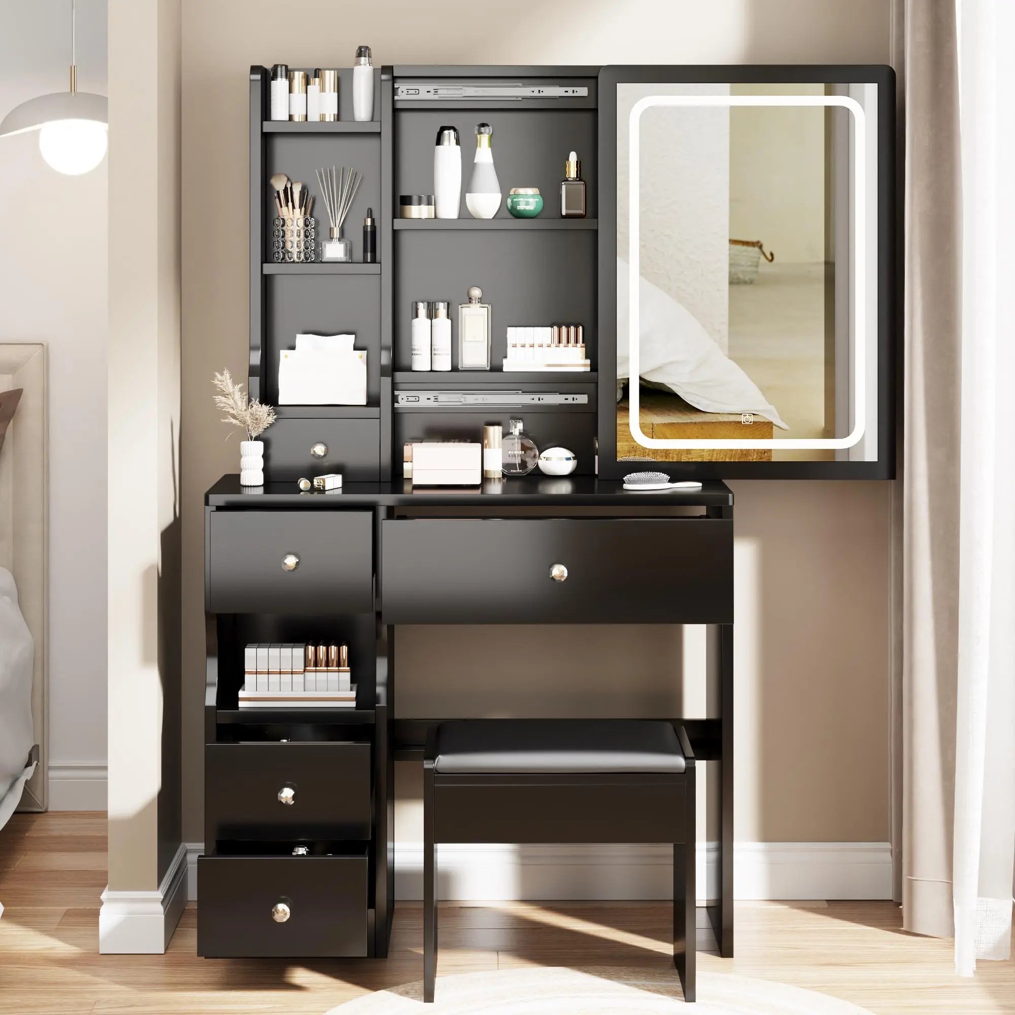 Small Space Left Drawer Desktop Vanity Table + Cushioned Stool, Extra Large Touch Control Sliding LED Mirror, Tri-color Switching, Brightness Adjustable, Suitable for Girls No More Than 5.6ft Tall - VINE GLOBAL