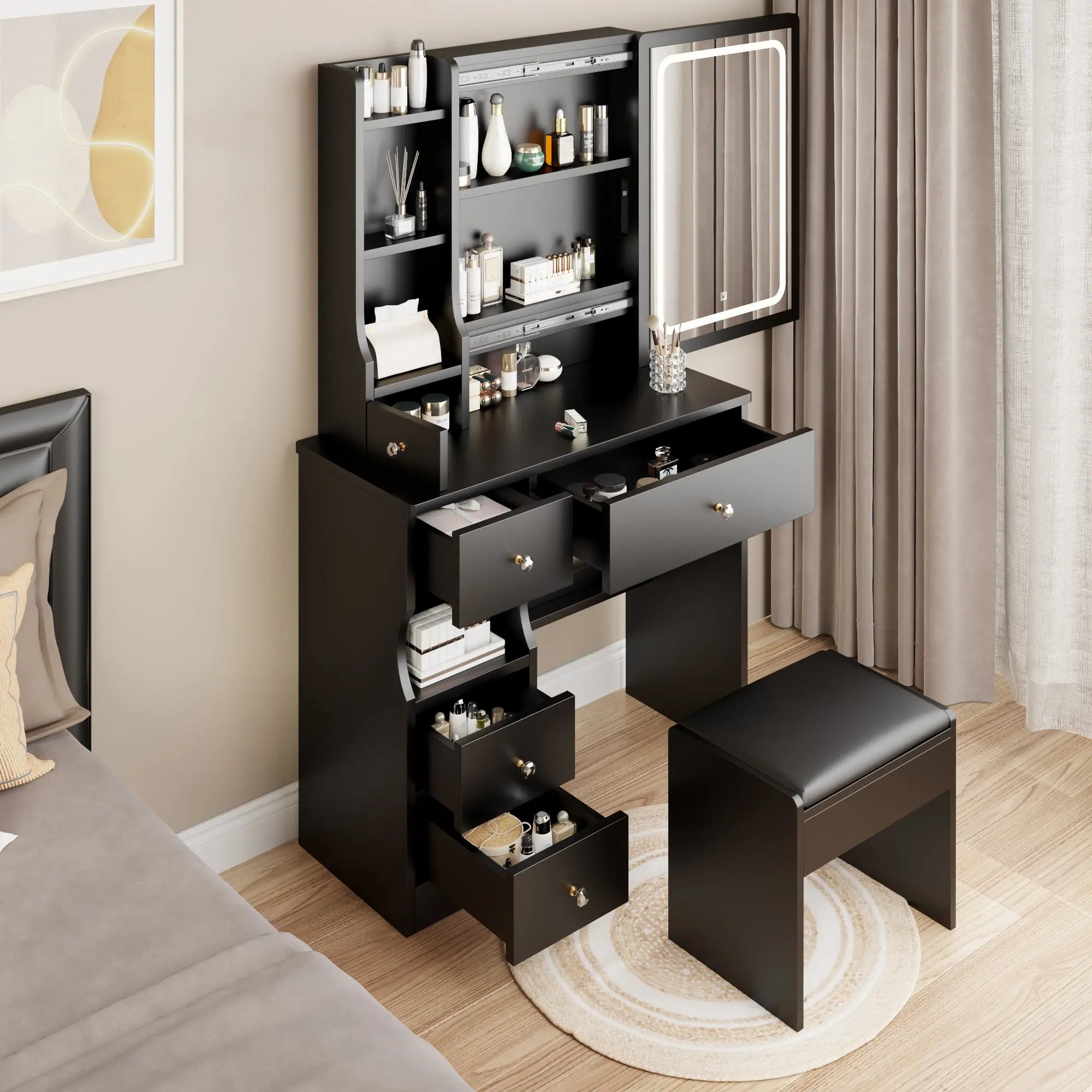 Small Space Left Drawer Desktop Vanity Table + Cushioned Stool, Extra Large Touch Control Sliding LED Mirror, Tri-color Switching, Brightness Adjustable, Suitable for Girls No More Than 5.6ft Tall - VINE GLOBAL