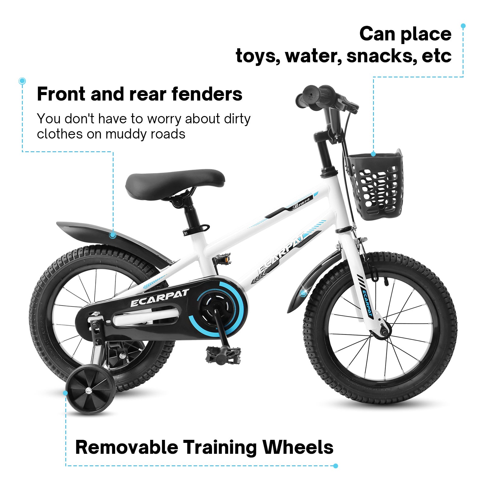 C14111A Kids Bike 14 inch for Boys & Girls with Training Wheels, Freestyle Kids' Bicycle with Bell,Basket and fender. - VINE GLOBAL