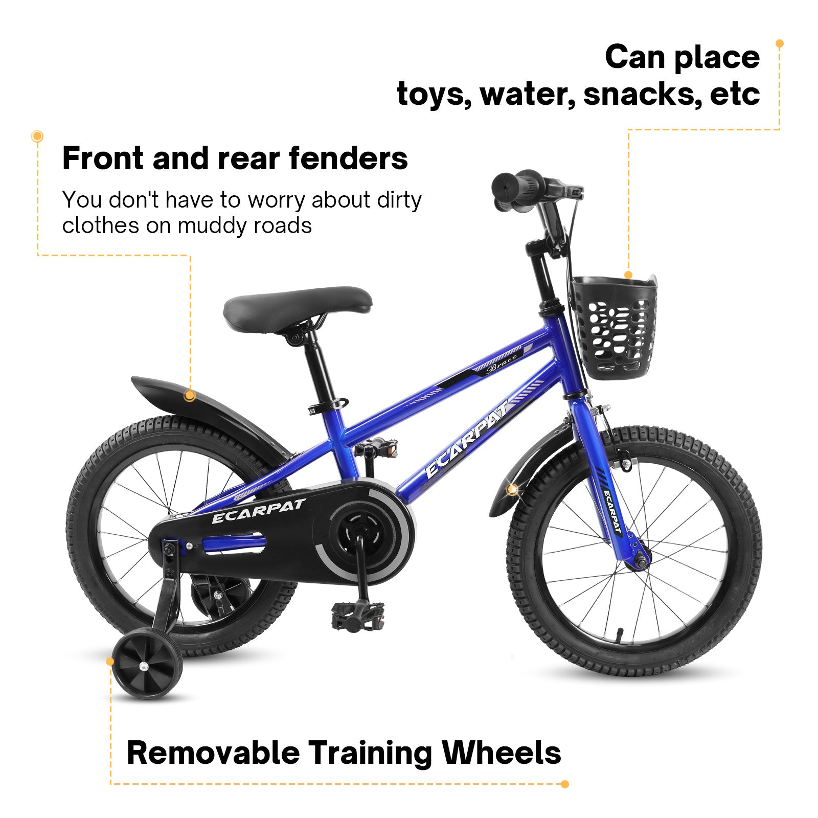 C14111A Kids Bike 14 inch for Boys & Girls with Training Wheels, Freestyle Kids' Bicycle with Bell,Basket and fender. - VINE GLOBAL
