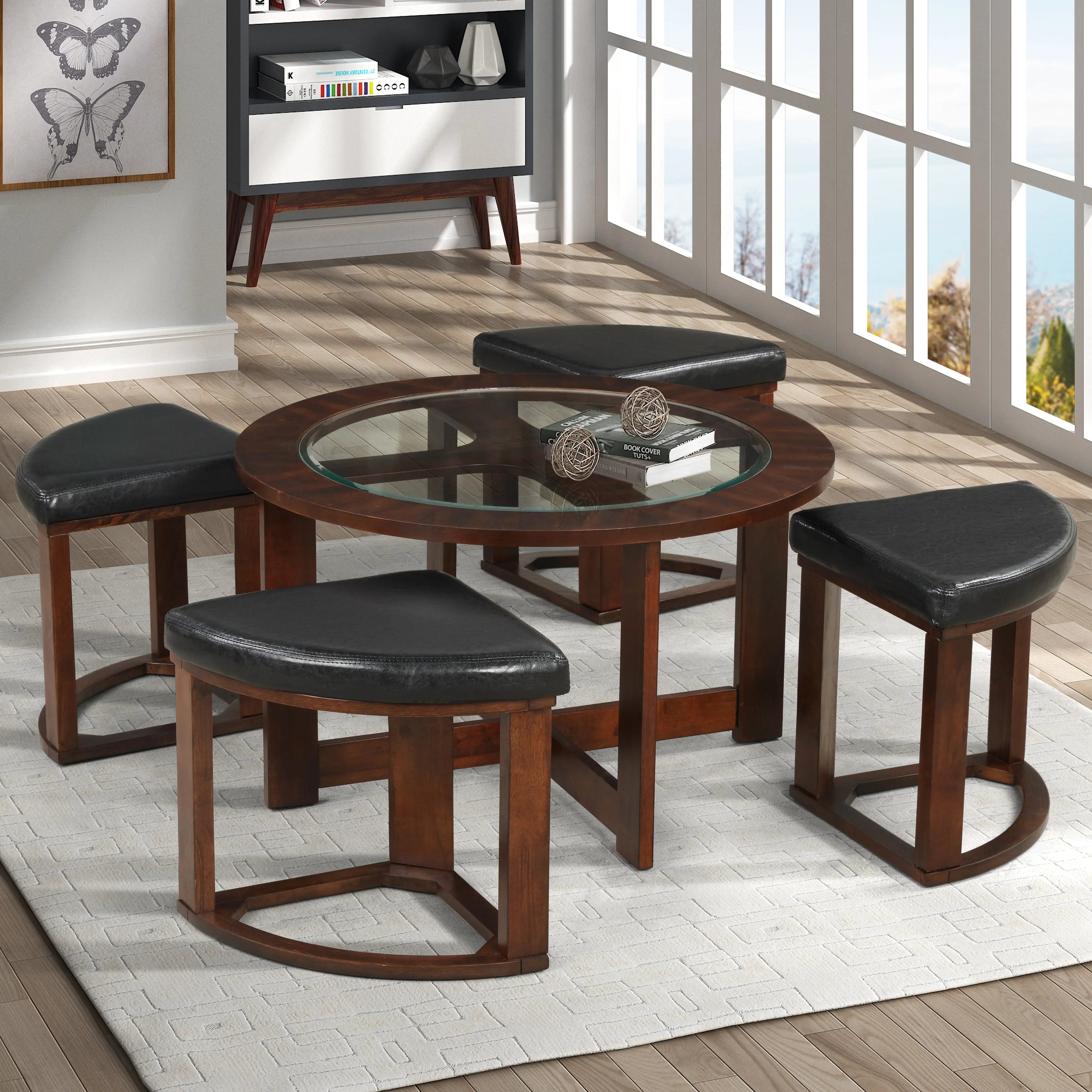 Cylina Solid Wood Glass Top Round Table Set, Coffee Table with 4 Stools - VINE GLOBAL