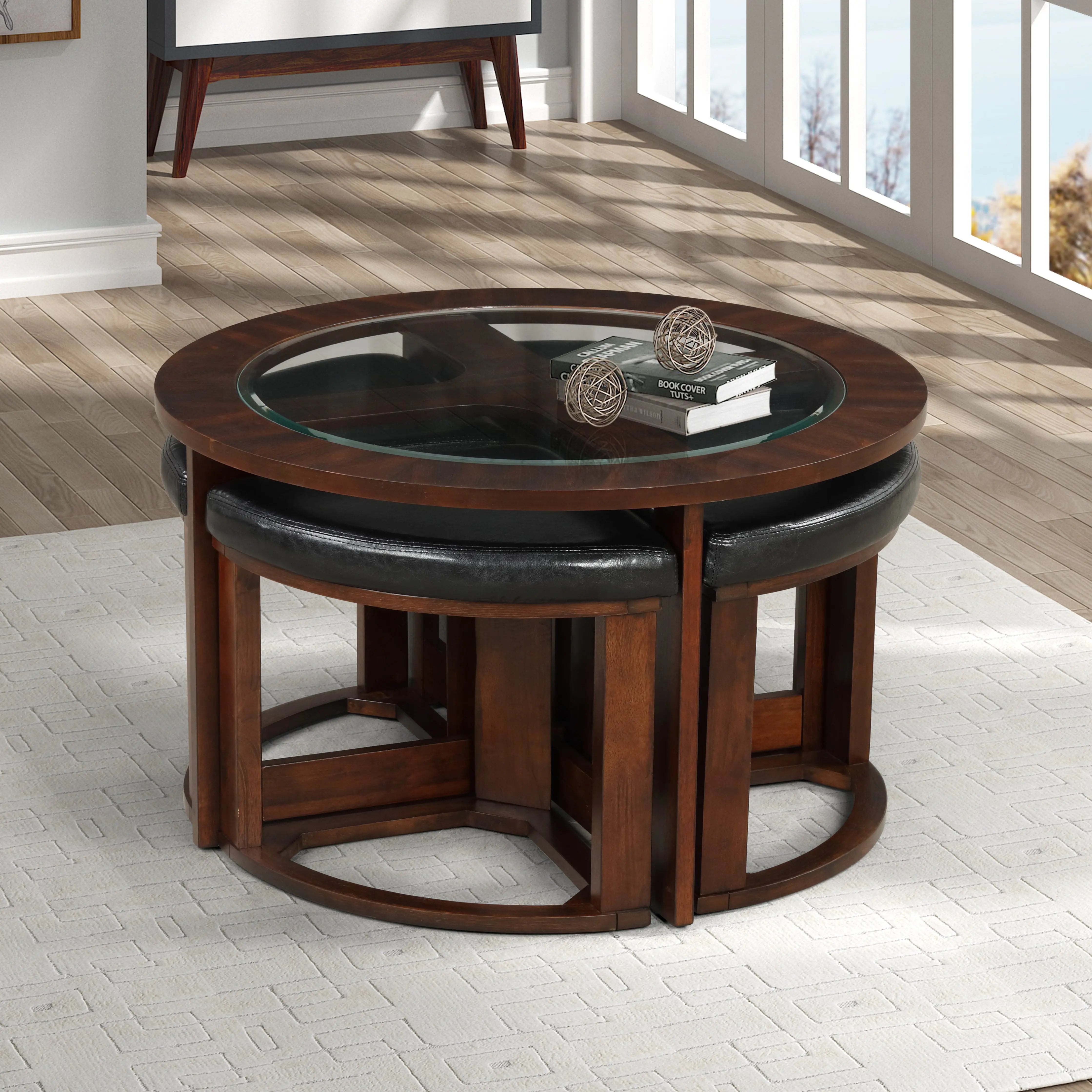 Cylina Solid Wood Glass Top Round Table Set, Coffee Table with 4 Stools - VINE GLOBAL