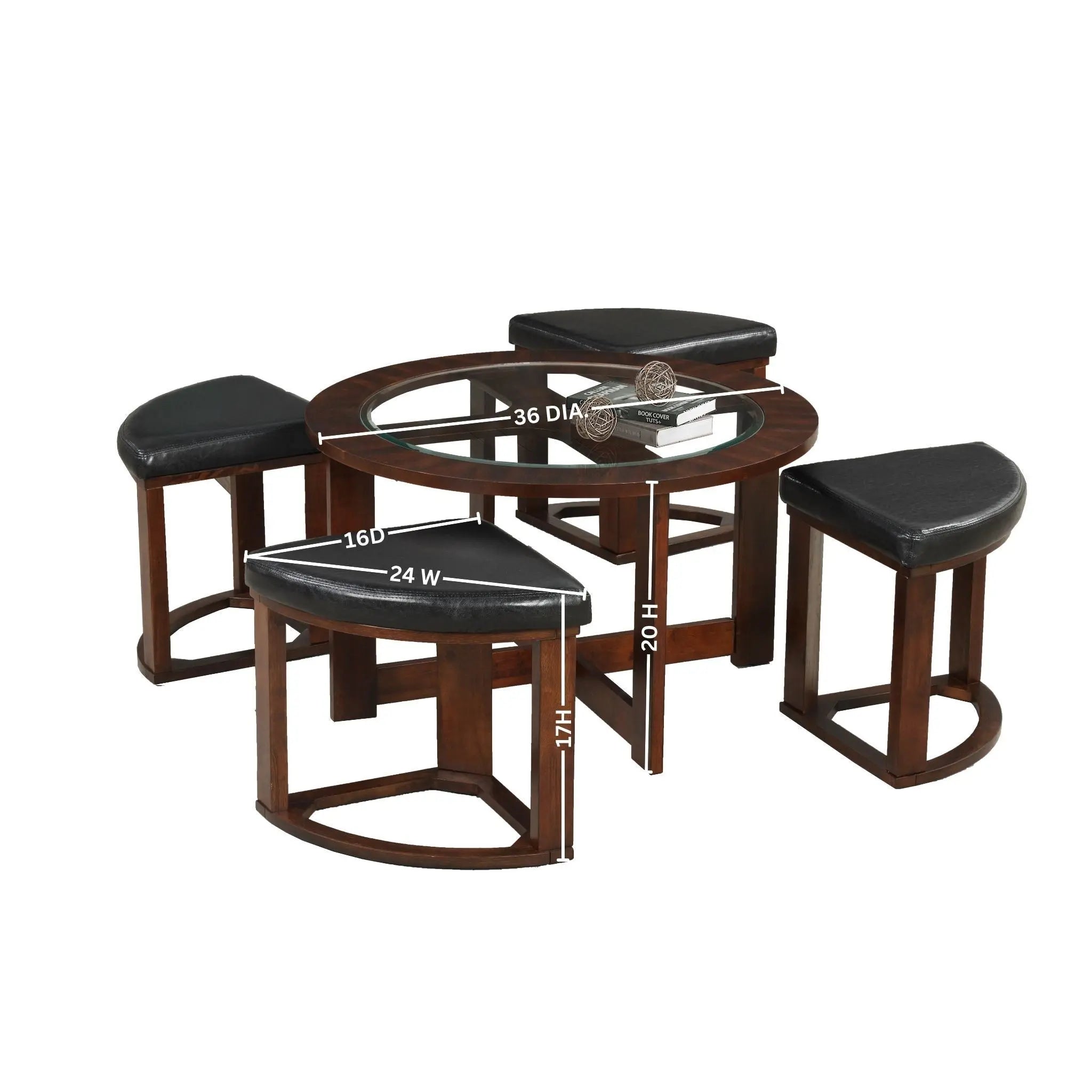 Cylina Solid Wood Glass Top Round Table Set, Coffee Table with 4 Stools - VINE GLOBAL