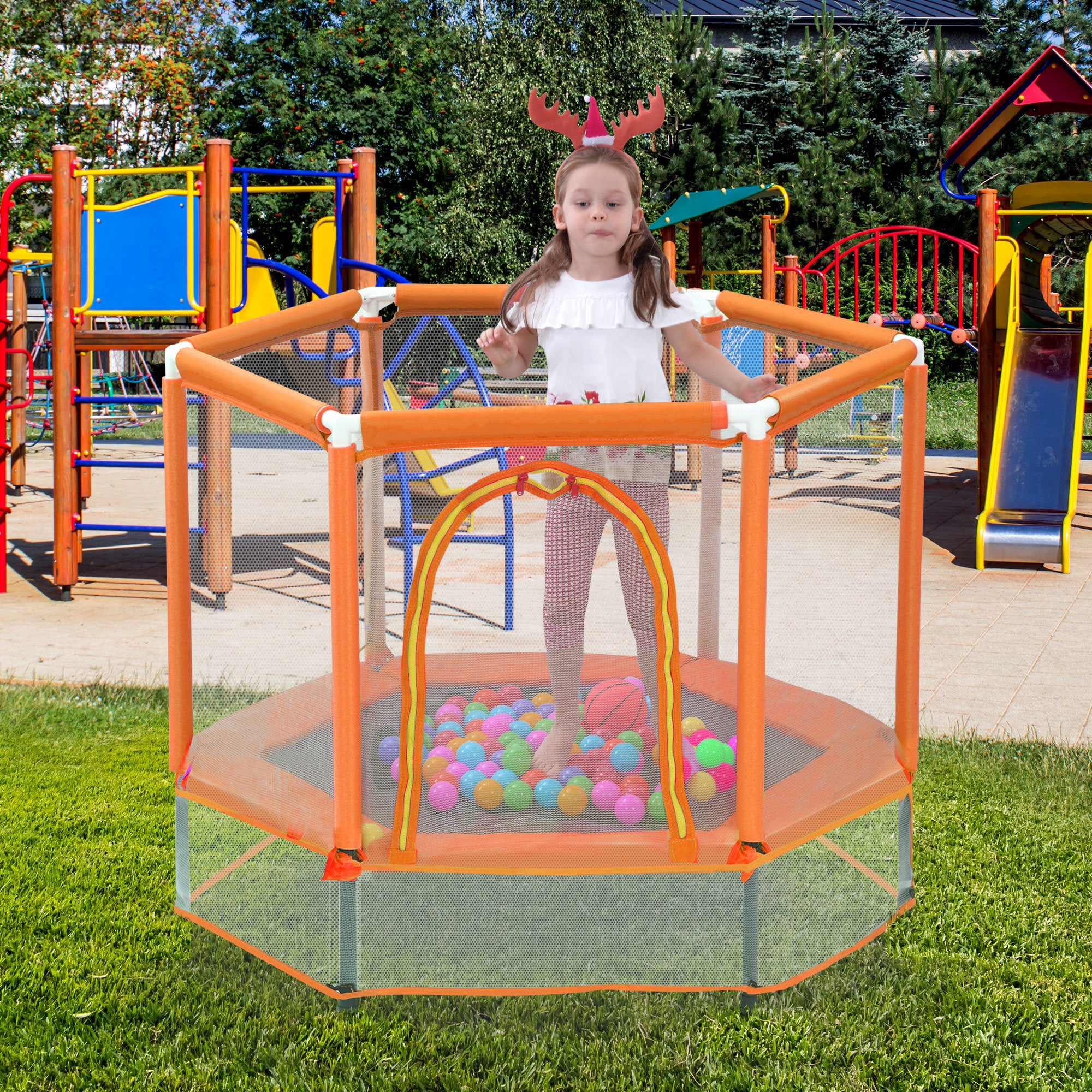 55'' Toddlers Trampoline with Safety Enclosure Net and Balls, Indoor Outdoor Mini Trampoline for Kids - VINE GLOBAL