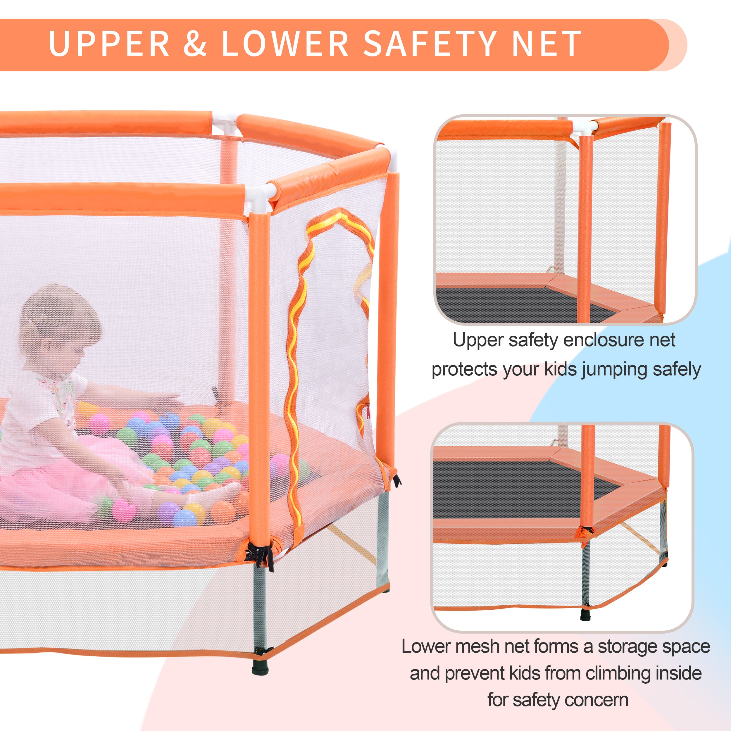 55'' Toddlers Trampoline with Safety Enclosure Net and Balls, Indoor Outdoor Mini Trampoline for Kids - VINE GLOBAL
