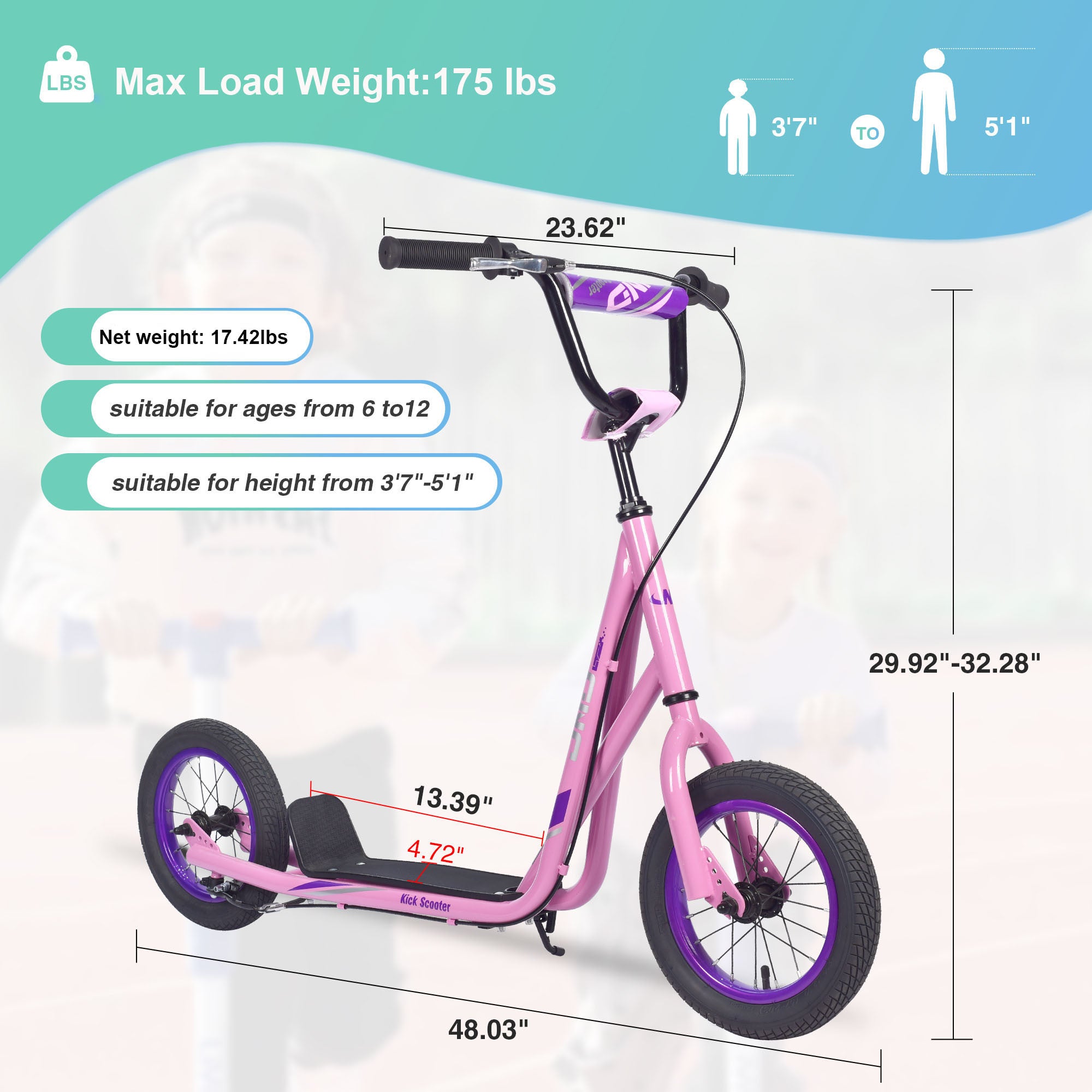 Youth Scooter Kick Scooter for Kids 6+ with Adjustable Handlebar, 12 Inch Inflatable Wheels ,Widened non-slip Footboard - VINE GLOBAL
