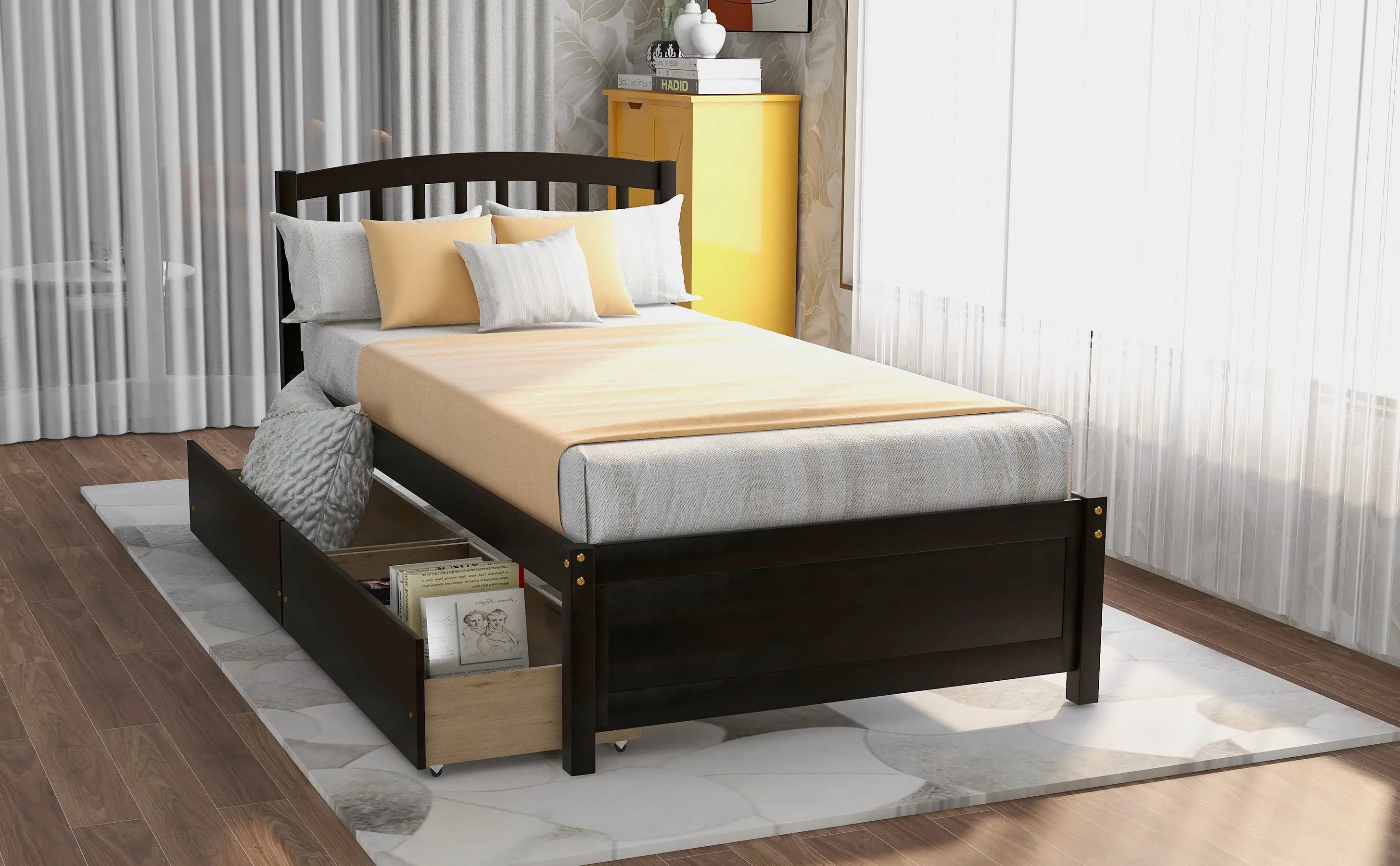 Twin Platform Storage Bed Wood Bed Frame with Two Drawers and Headboard, Espresso(Previous SKU: SF000062PAA) - VINE GLOBAL