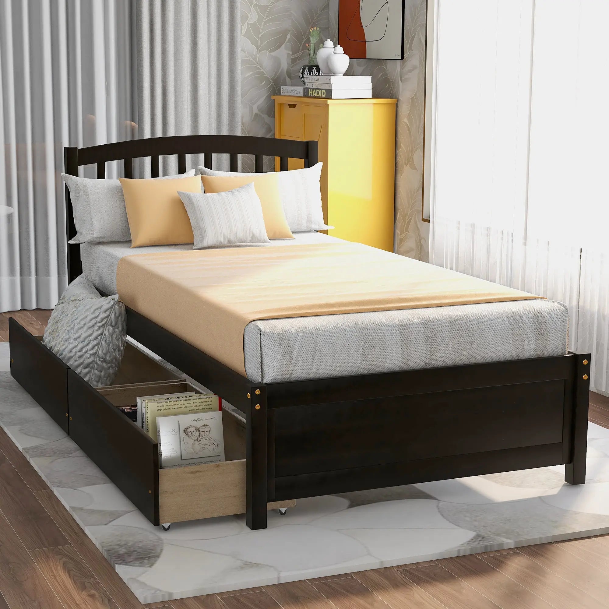 Twin Platform Storage Bed Wood Bed Frame with Two Drawers and Headboard, Espresso(Previous SKU: SF000062PAA) - VINE GLOBAL