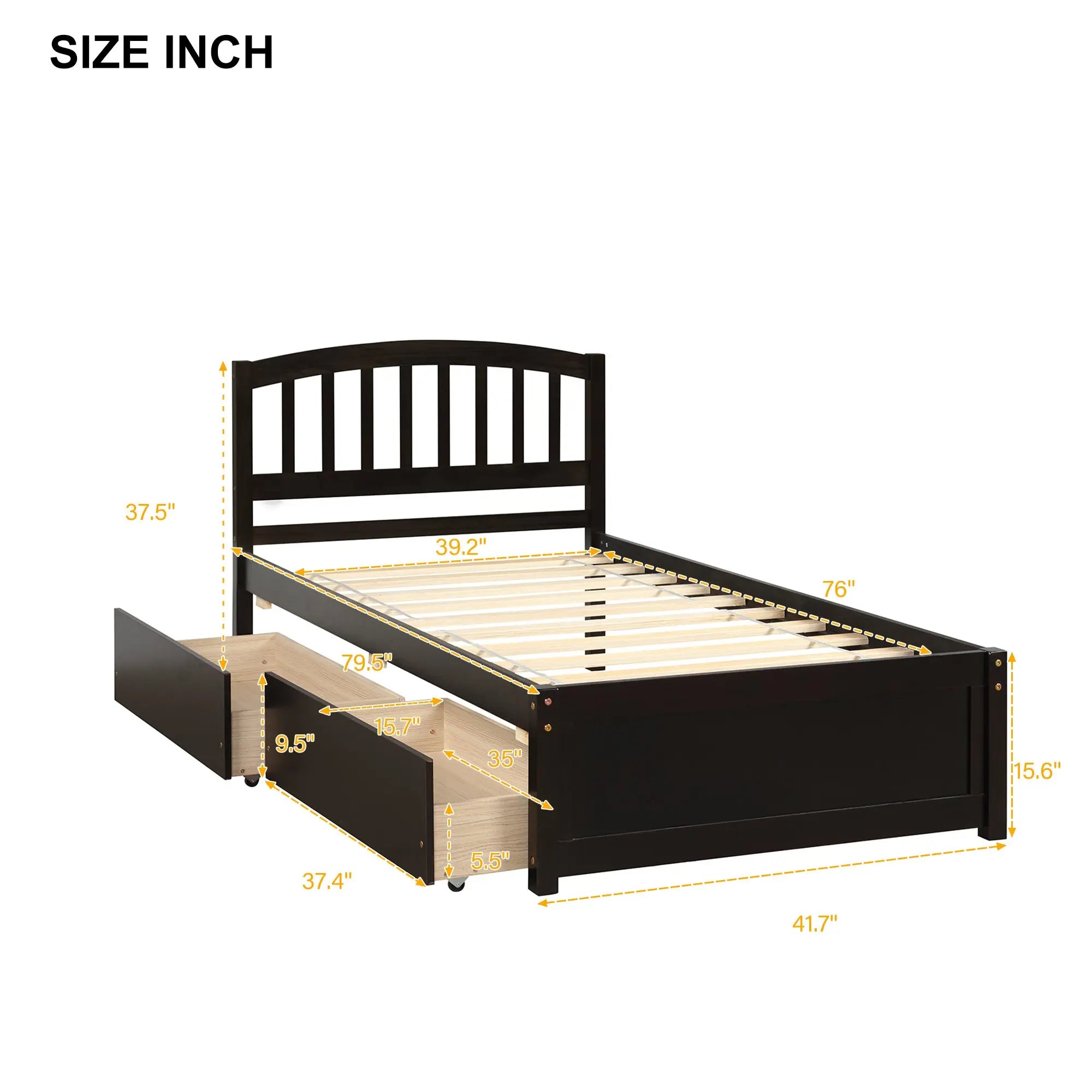 Twin Platform Storage Bed Wood Bed Frame with Two Drawers and Headboard, Espresso(Previous SKU: SF000062PAA) - VINE GLOBAL