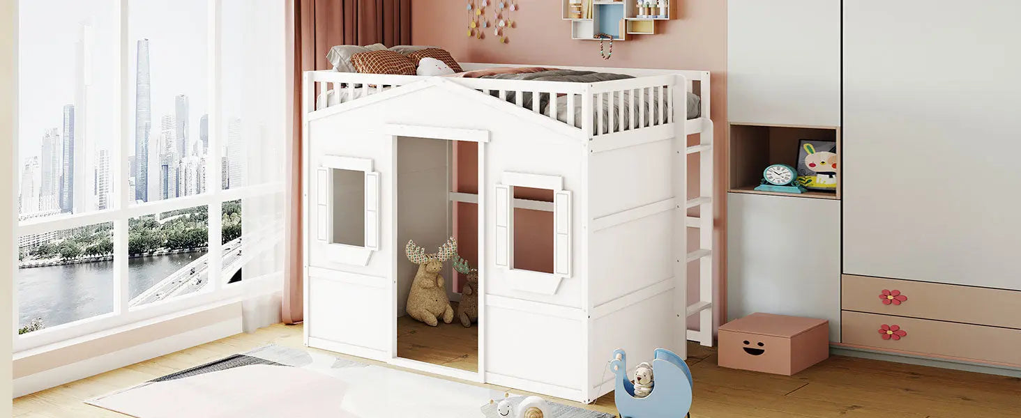 Full Size House Loft Bed With Ladder-White - VINE GLOBAL