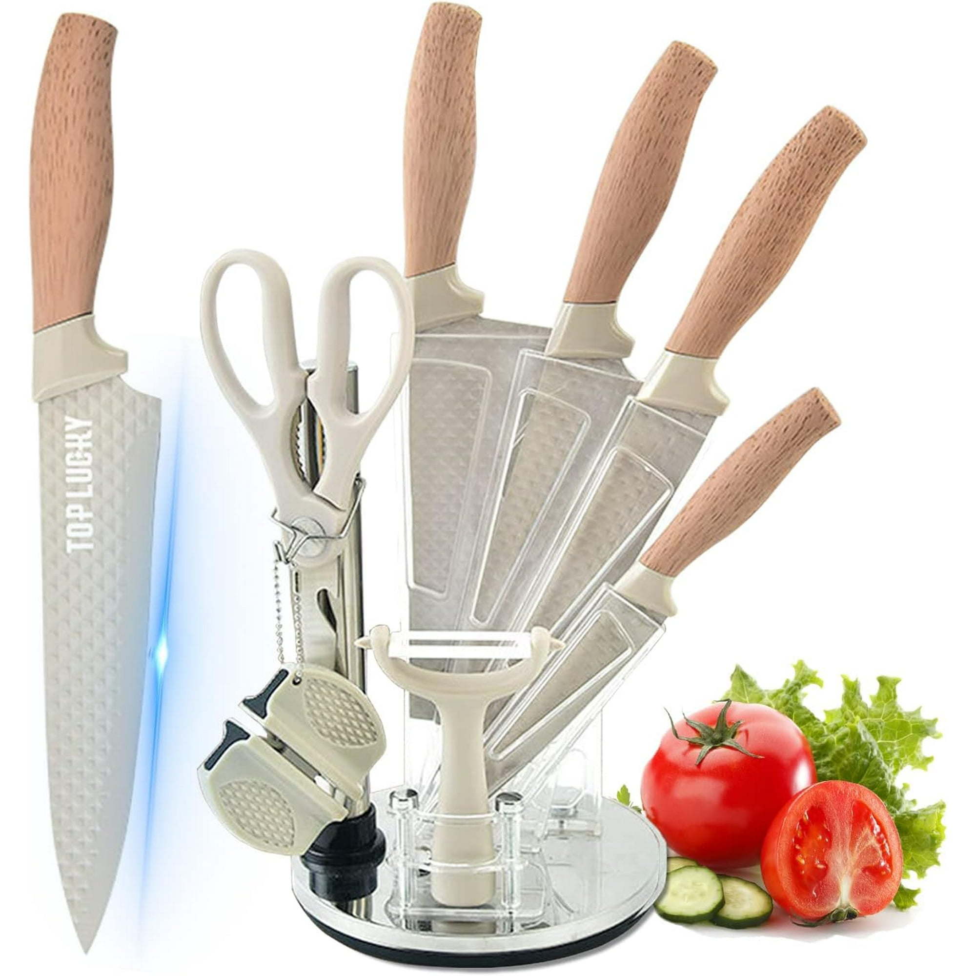 Kitchen Knife Set, 8-Pieces Khaki Sharp Chef Knife Set with Block, Knife Block Set with Diamond Grain Non-stick Knife Blade, Stainless Steel Cooking Knives Suitable for Home Restaurant Apartment - VINE GLOBAL