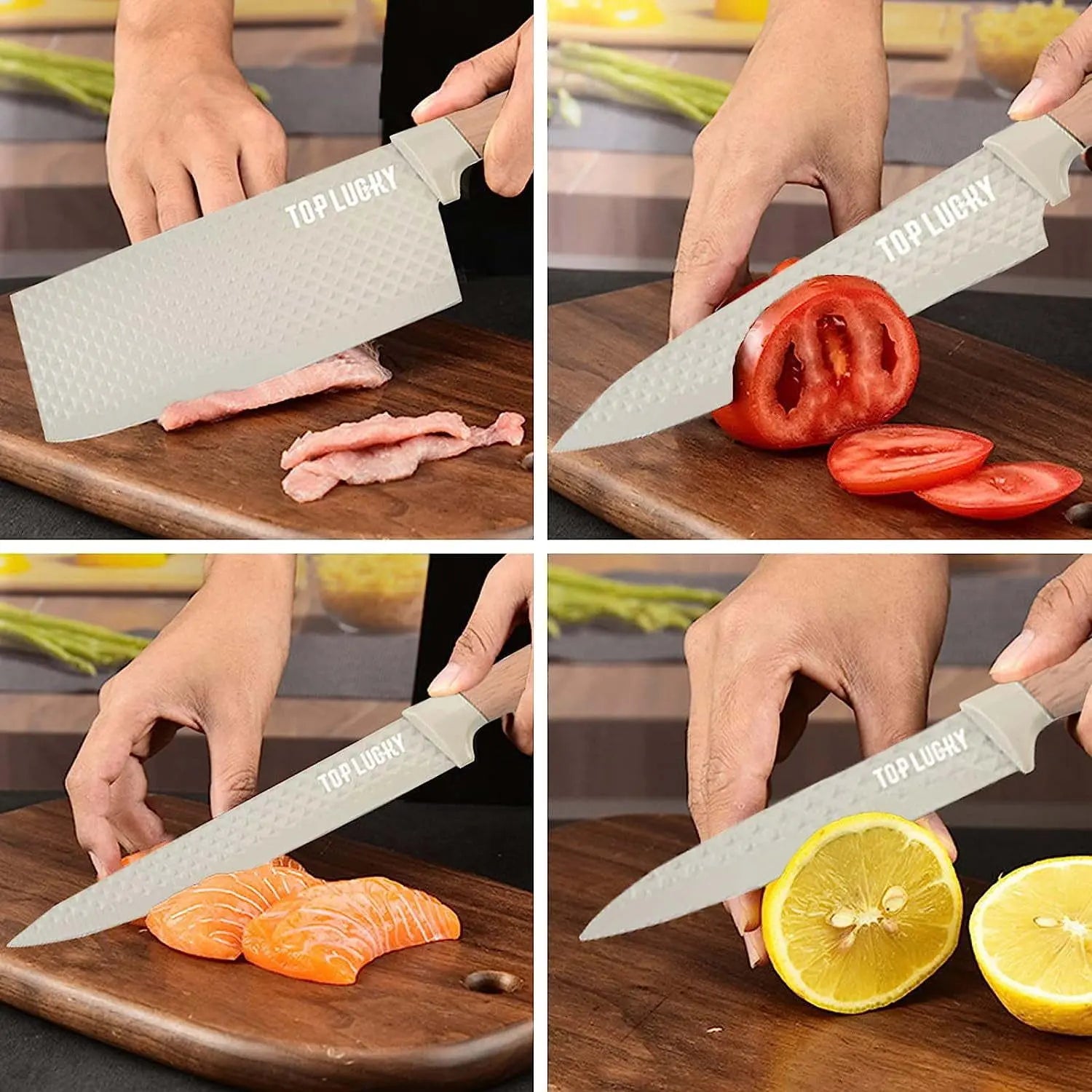 Kitchen Knife Set, 8-Pieces Khaki Sharp Chef Knife Set with Block, Knife Block Set with Diamond Grain Non-stick Knife Blade, Stainless Steel Cooking Knives Suitable for Home Restaurant Apartment - VINE GLOBAL