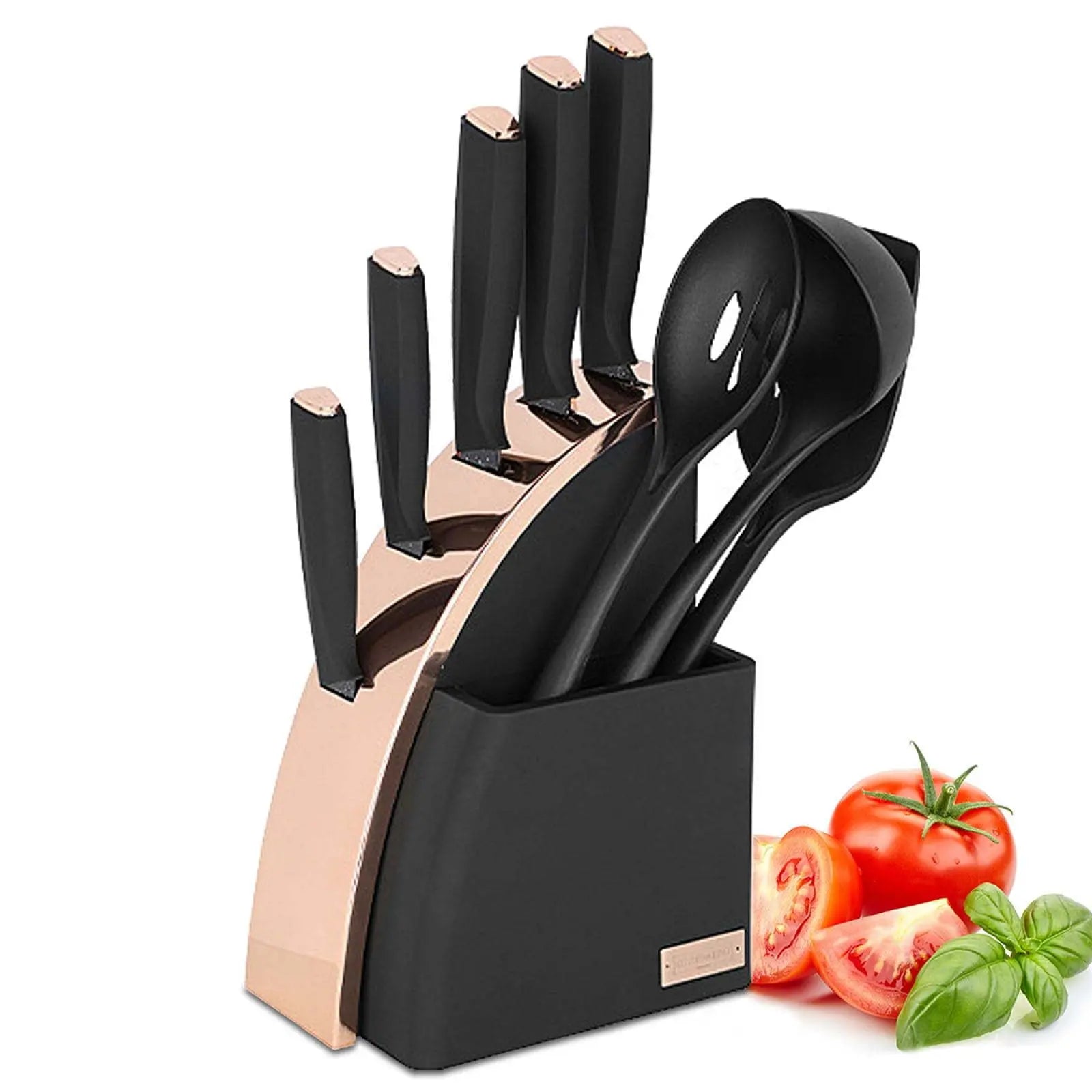 Kitchen Knife Set, 9-Pieces Sharp Stainless Steel Chef Knife Set with Block for Kitchen, Knife Block Set with Silicone Cooking Utensils, Slotted Spoon, Deep Soup Ladle, Slotted Turner - VINE GLOBAL