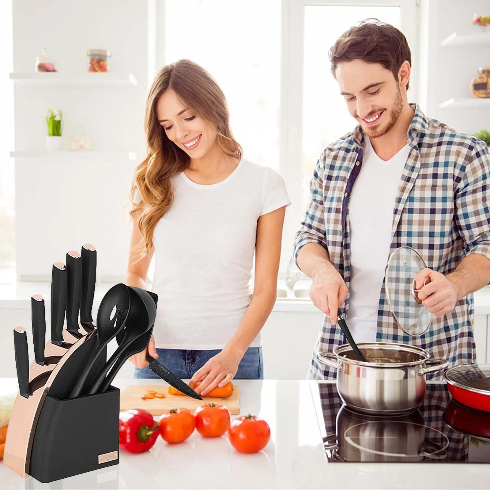 Kitchen Knife Set, 9-Pieces Sharp Stainless Steel Chef Knife Set with Block for Kitchen, Knife Block Set with Silicone Cooking Utensils, Slotted Spoon, Deep Soup Ladle, Slotted Turner - VINE GLOBAL