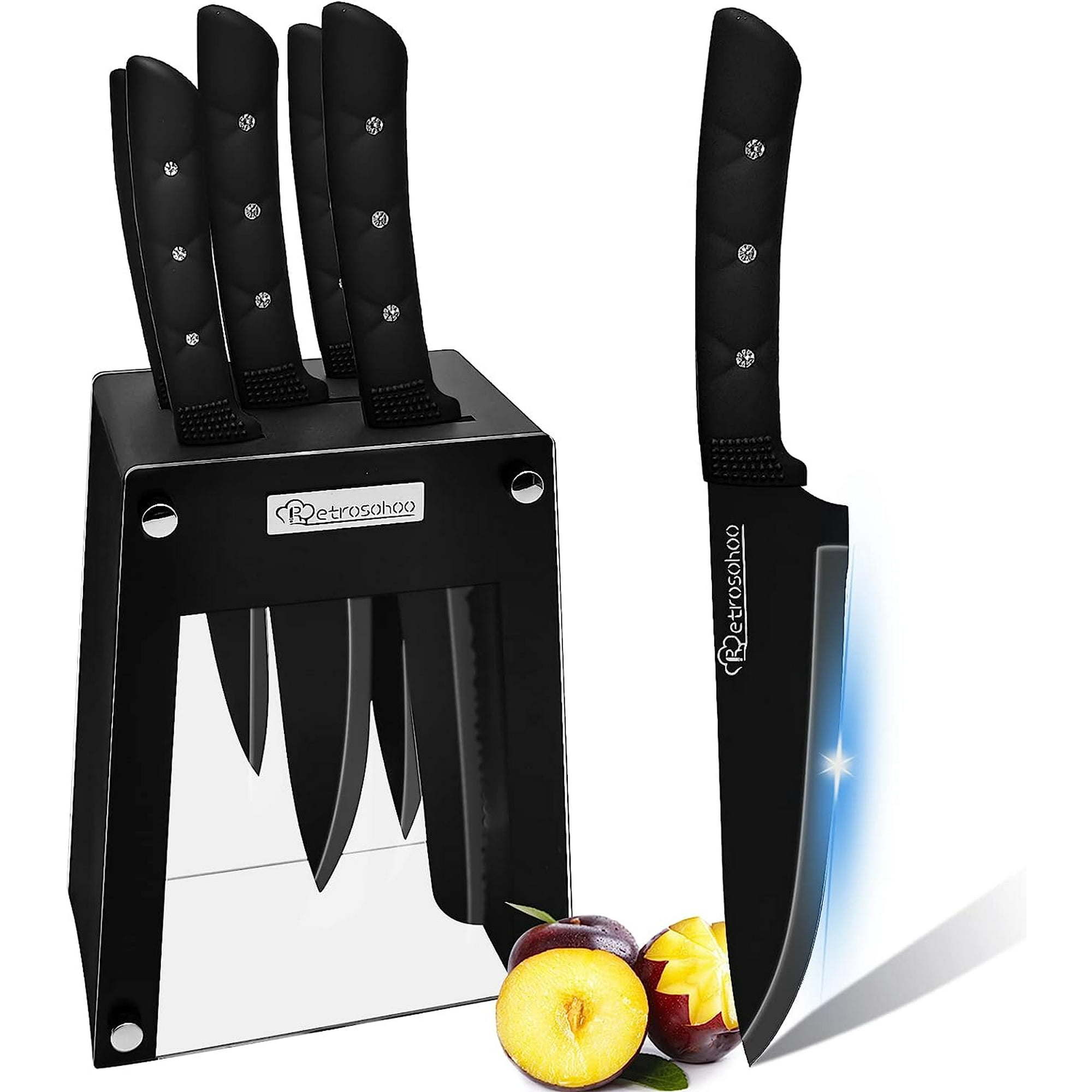 Kitchen Knife Set, 6 Pieces Black Stainless Steel Sharp Chef Knife with Acrylic Stand, Non-stick Coating Block Knife Set for Home Restaurant Apartment - VINE GLOBAL