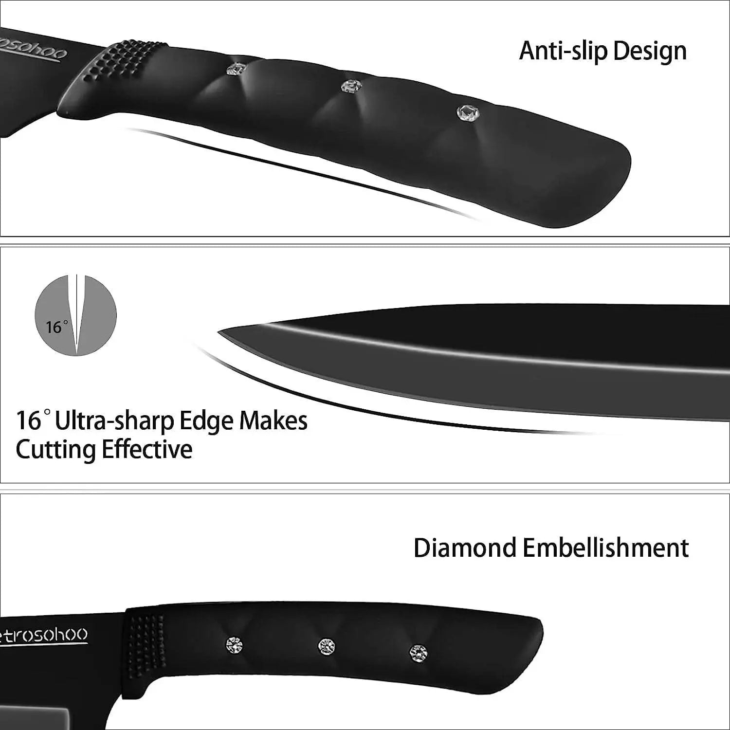 Kitchen Knife Set, 6 Pieces Black Stainless Steel Sharp Chef Knife with Acrylic Stand, Non-stick Coating Block Knife Set for Home Restaurant Apartment - VINE GLOBAL