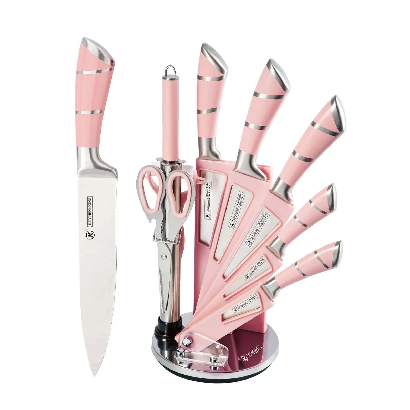 Kitchen Knife Set, 9-Pieces Pink Sharp Non-Stick Coated Chef Knives Block Set ,Stainless Steel Knife Set for Kitchen with Sharpener for Cutting Slicing Dicing Chopping - VINE GLOBAL