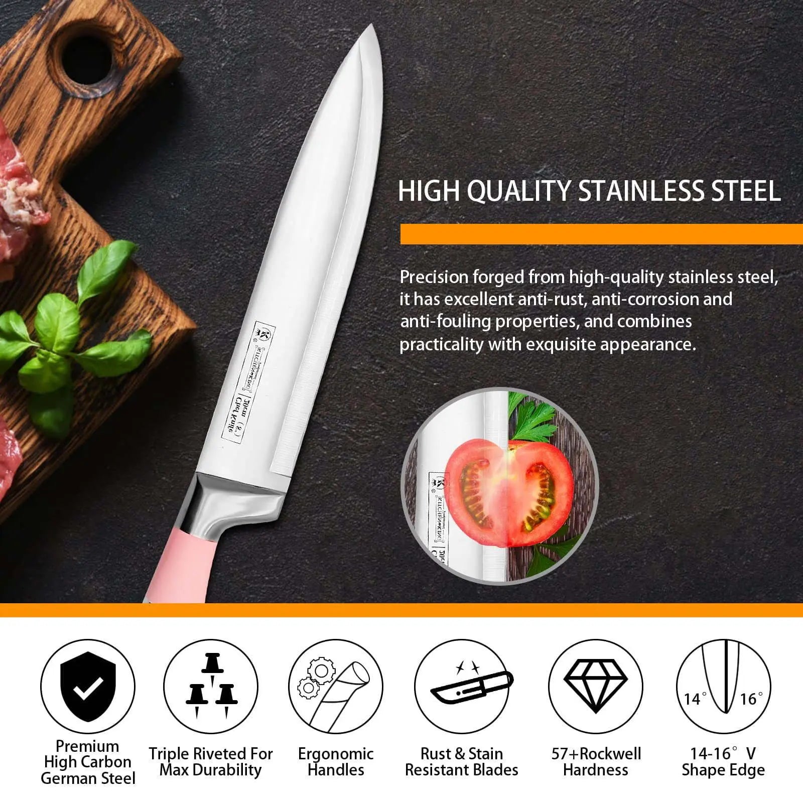 Kitchen Knife Set, 9-Pieces Pink Sharp Non-Stick Coated Chef Knives Block Set ,Stainless Steel Knife Set for Kitchen with Sharpener for Cutting Slicing Dicing Chopping - VINE GLOBAL