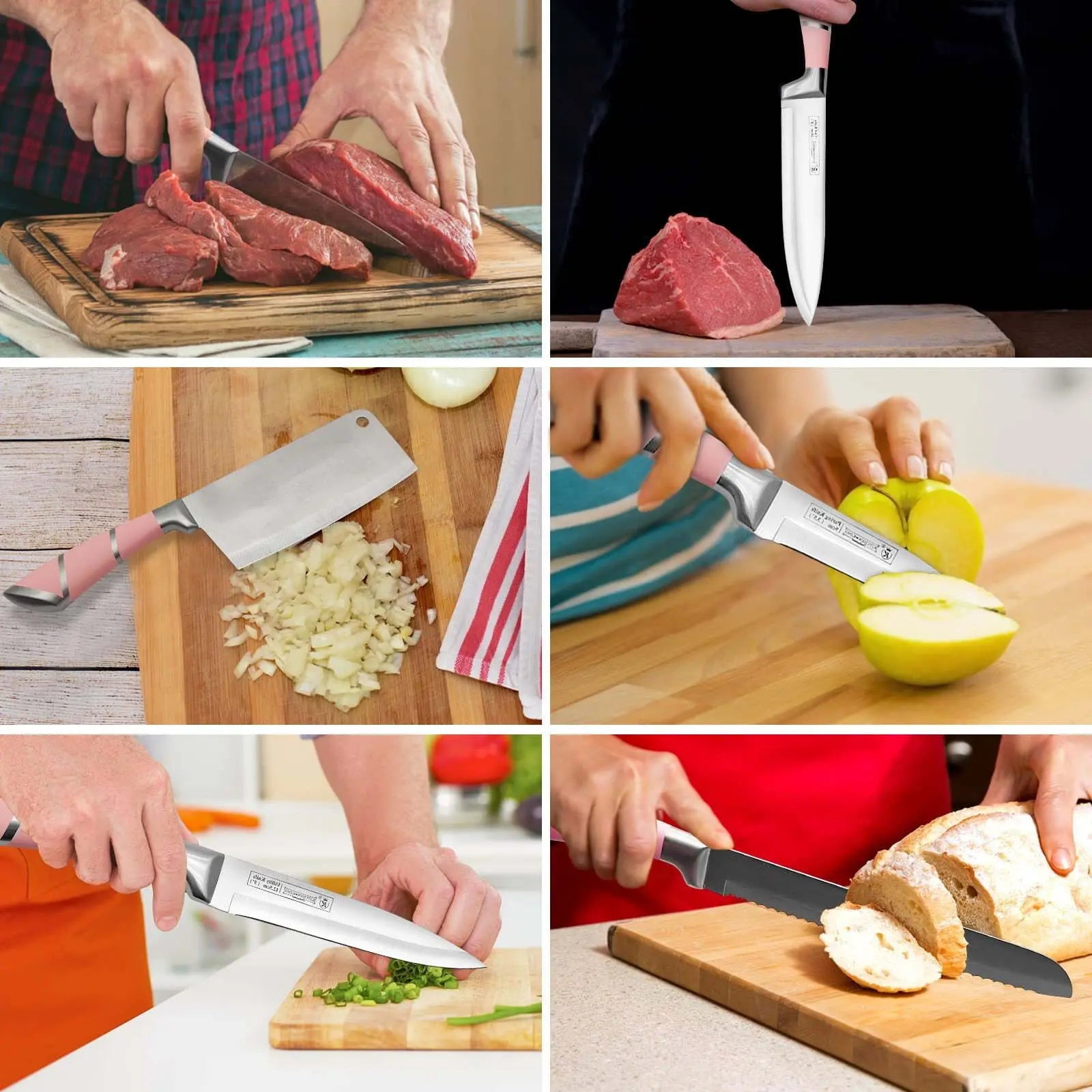 Kitchen Knife Set, 9-Pieces Pink Sharp Non-Stick Coated Chef Knives Block Set ,Stainless Steel Knife Set for Kitchen with Sharpener for Cutting Slicing Dicing Chopping - VINE GLOBAL