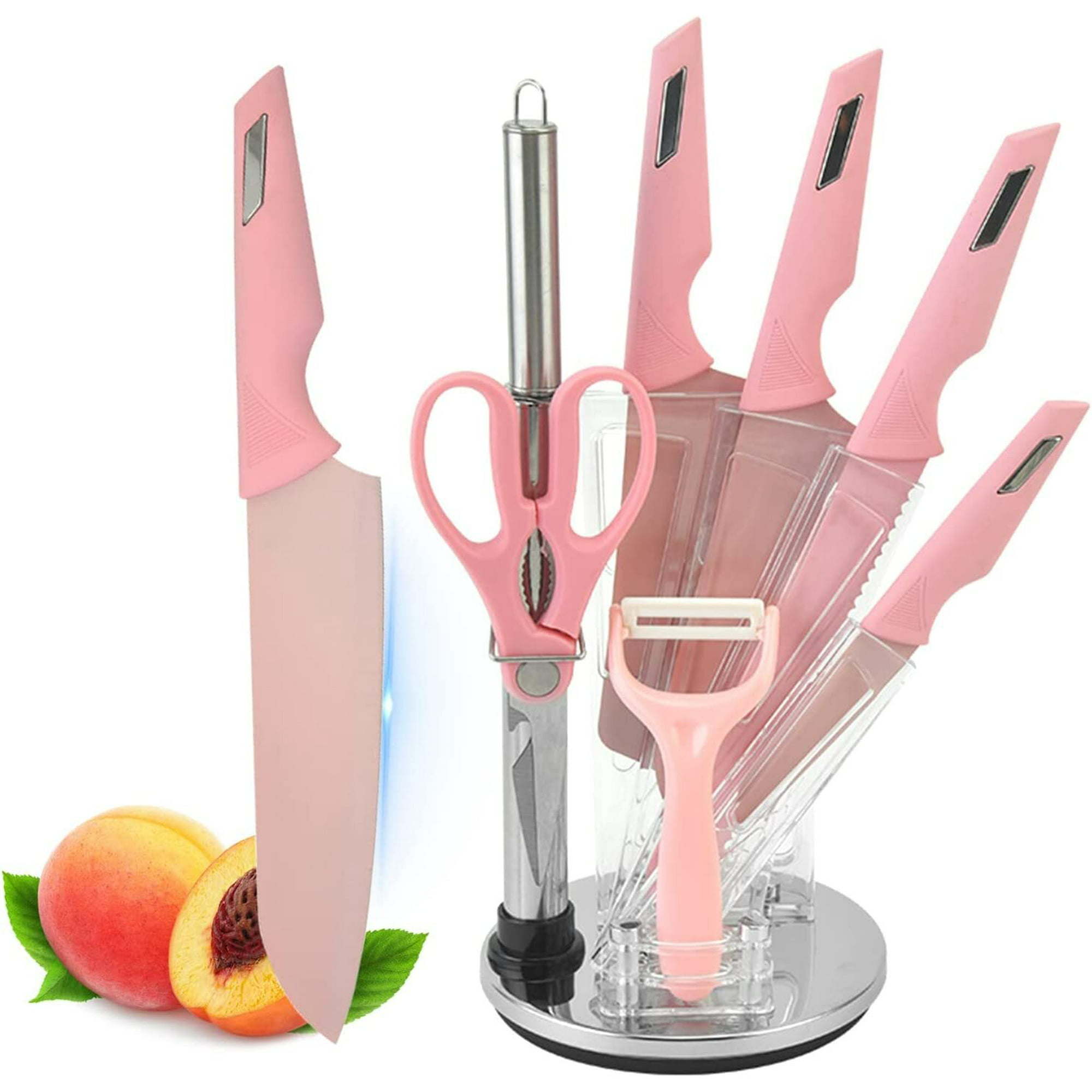 Kitchen Knife Set, 8-Pieces Pink Ultra Sharp Cooking Knife Set with Acrylic Stand, PP Handle Non-stick Chef Knives with Gift Box for Girls Women - VINE GLOBAL