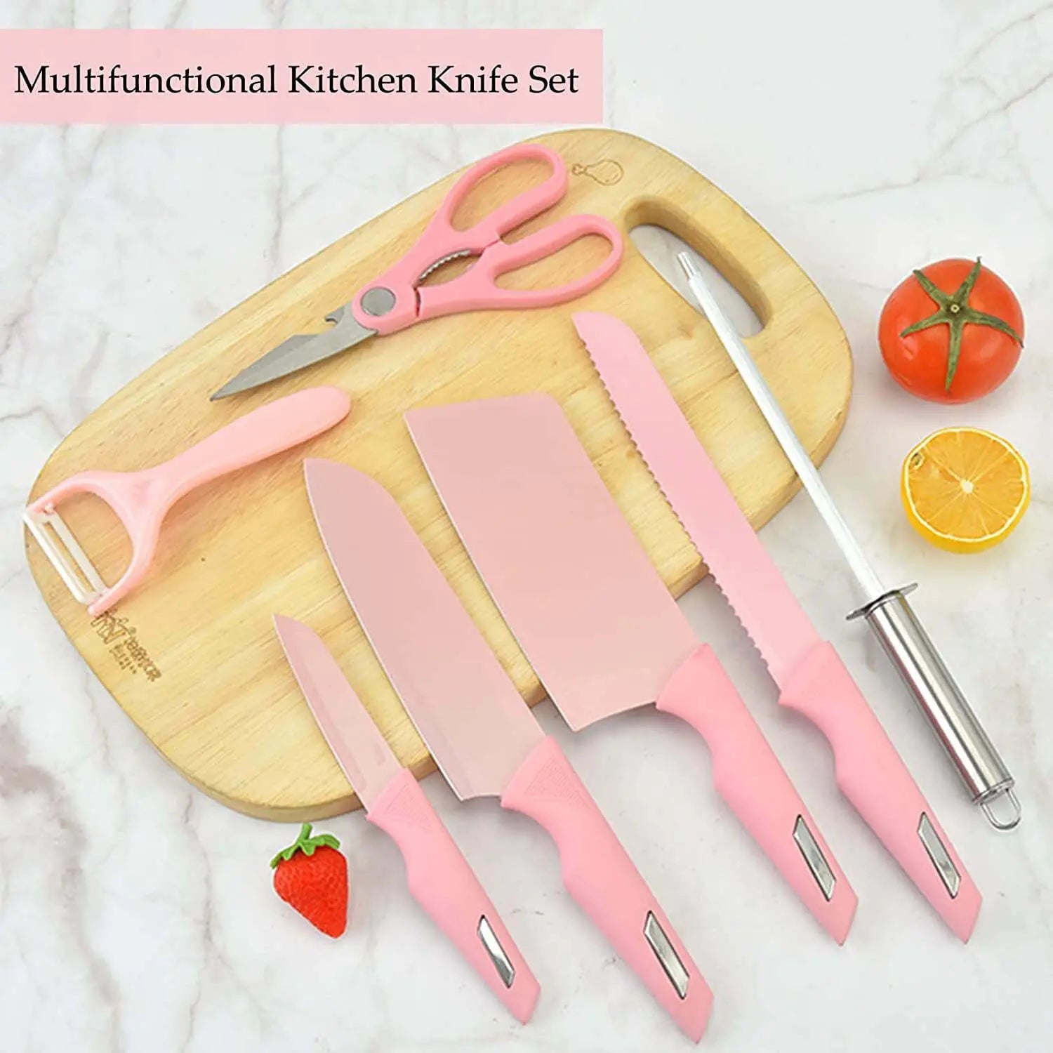 Kitchen Knife Set, 8-Pieces Pink Ultra Sharp Cooking Knife Set with Acrylic Stand, PP Handle Non-stick Chef Knives with Gift Box for Girls Women - VINE GLOBAL
