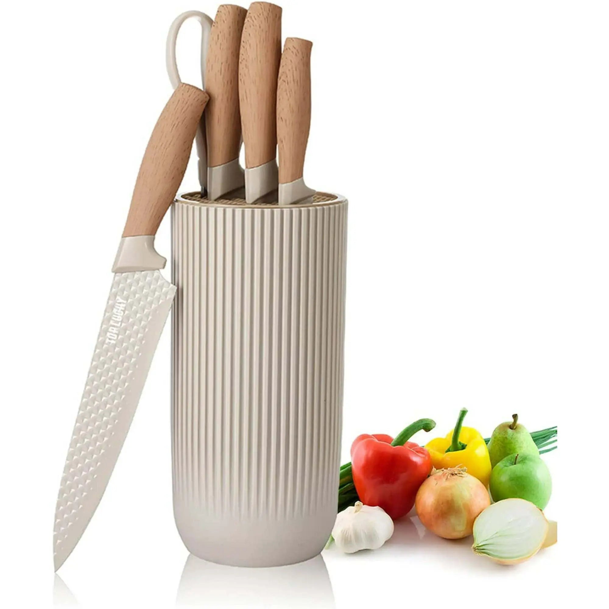 Kitchen Knife Set, 6-Pieces Khaki Sharp Knife Set for Kitchen, Non-stick Non-slip Stainless Steel Chef Knife Set with Universal Knife Block Suitable for Home Restaurant - VINE GLOBAL