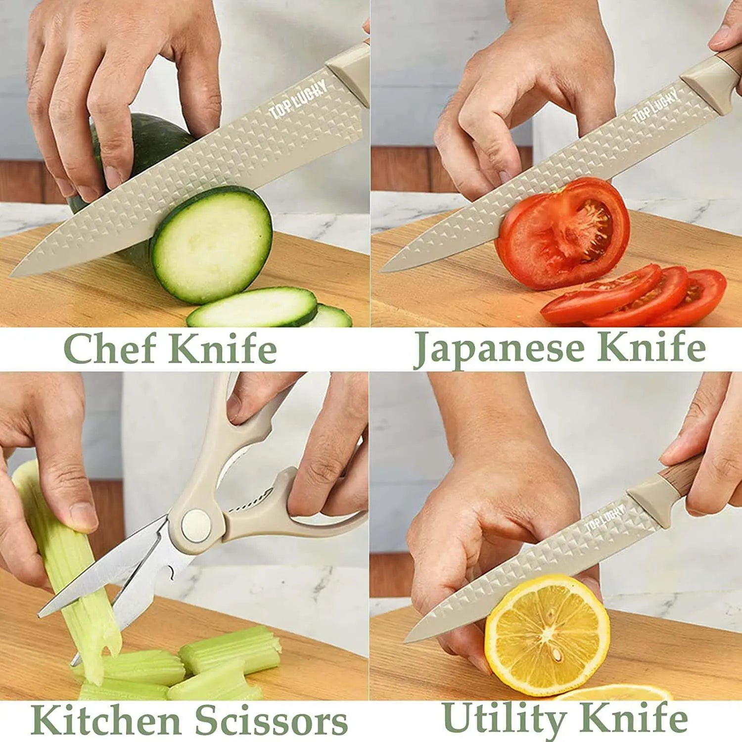 Kitchen Knife Set, 6-Pieces Khaki Sharp Knife Set for Kitchen, Non-stick Non-slip Stainless Steel Chef Knife Set with Universal Knife Block Suitable for Home Restaurant - VINE GLOBAL
