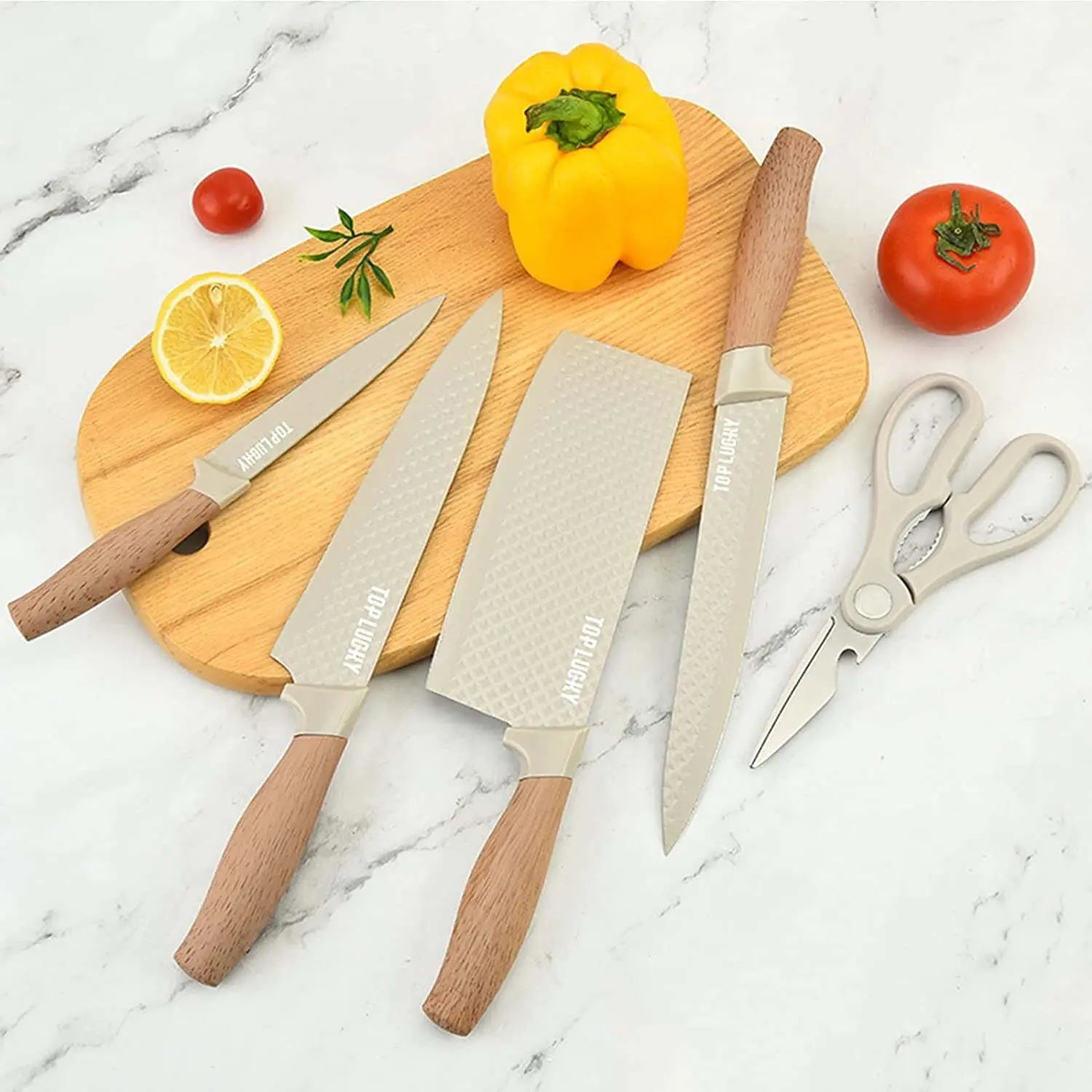 Kitchen Knife Set, 6-Pieces Khaki Sharp Knife Set for Kitchen, Non-stick Non-slip Stainless Steel Chef Knife Set with Universal Knife Block Suitable for Home Restaurant - VINE GLOBAL