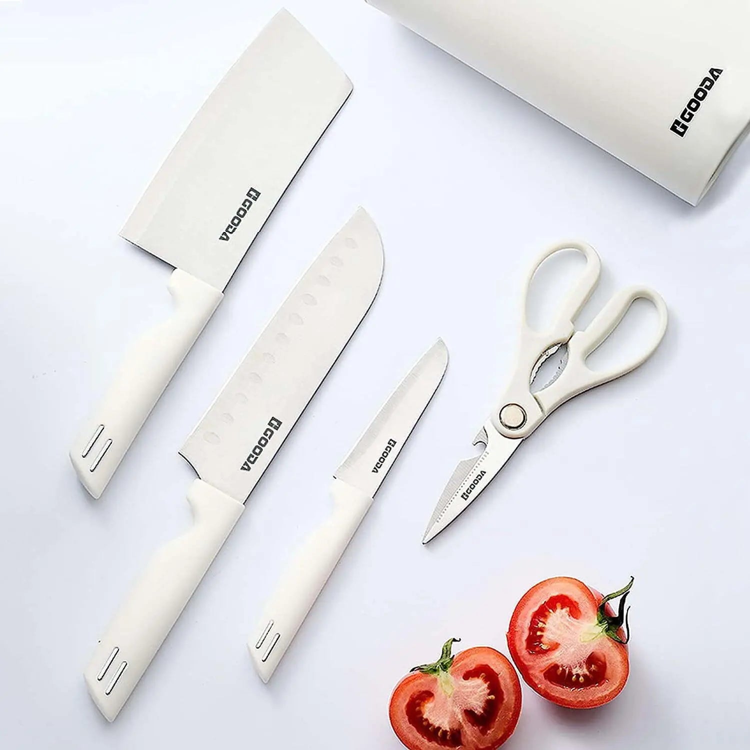 Knife Set for Kitchen, 5-Pieces White Cooking Knife Set with Storage Knife Holder, Sharp Stainless Steel Knife Block Set for Cutting Slicing Dicing Chopping - VINE GLOBAL
