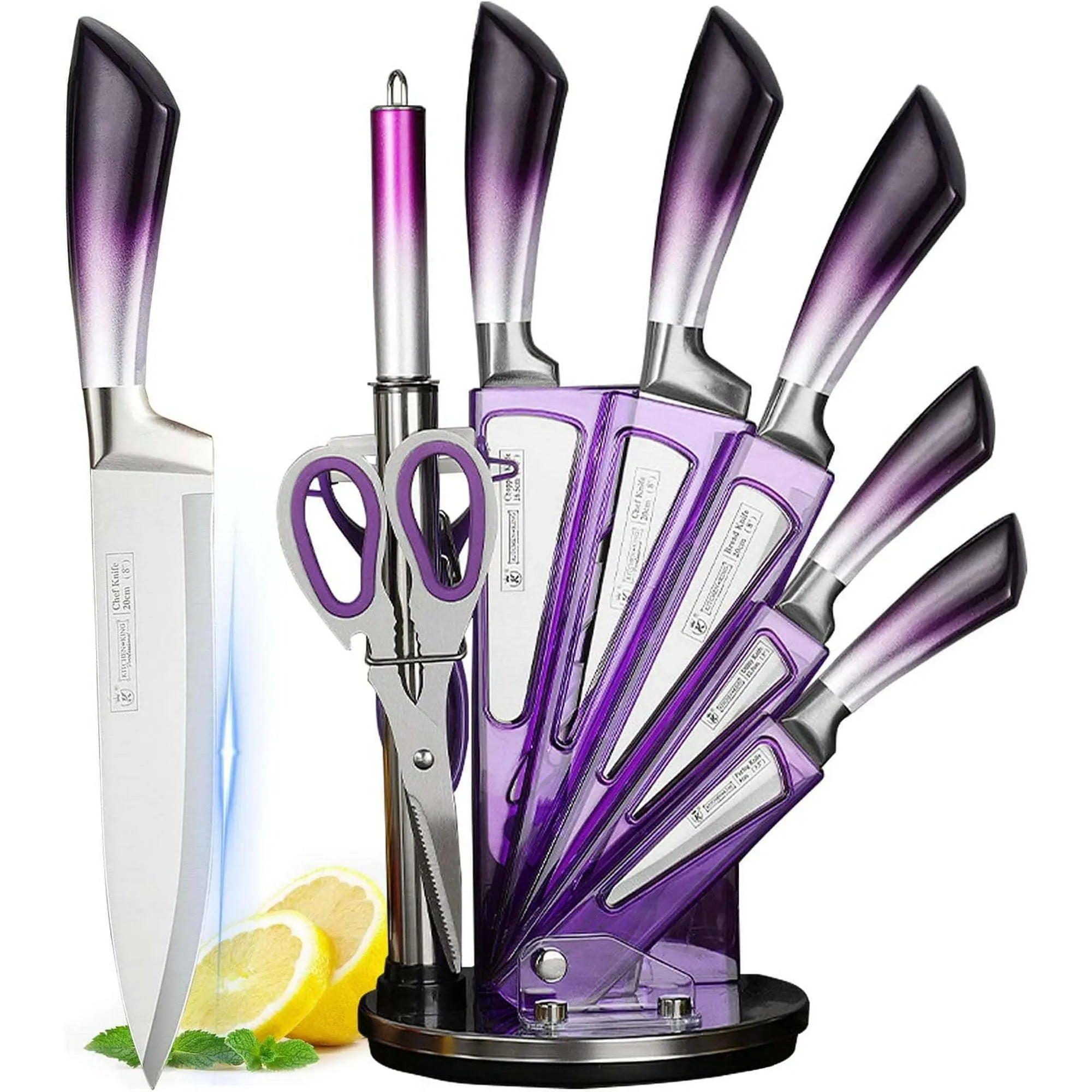 Knife Set, 9-Pieces Purple Gradient Handle Stainless Steel Chef Knife Set, Ultra Sharp Non-stick Cooking Knife Set with Acrylic Stand for Cutting Chopping Slicing Dicing - VINE GLOBAL