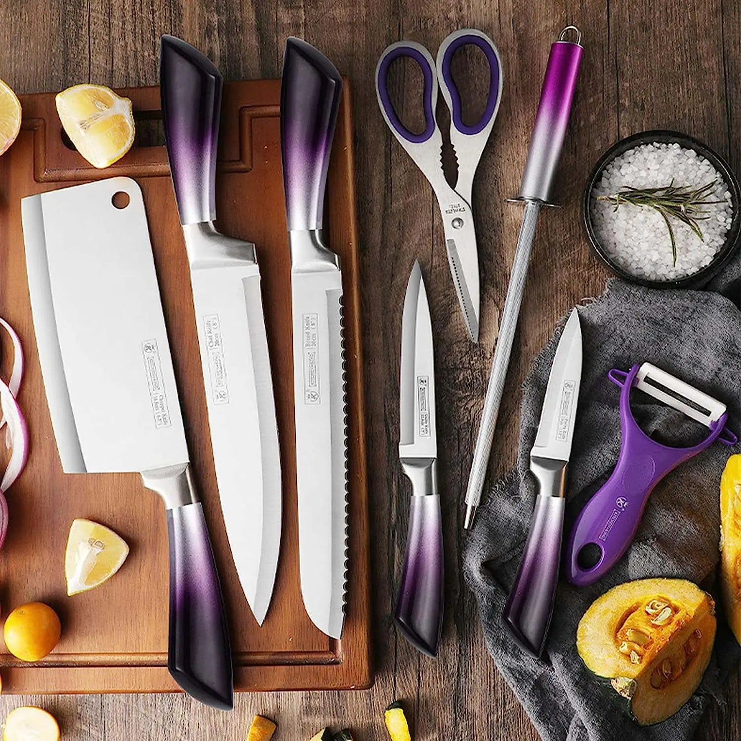 Knife Set, 9-Pieces Purple Gradient Handle Stainless Steel Chef Knife Set, Ultra Sharp Non-stick Cooking Knife Set with Acrylic Stand for Cutting Chopping Slicing Dicing - VINE GLOBAL