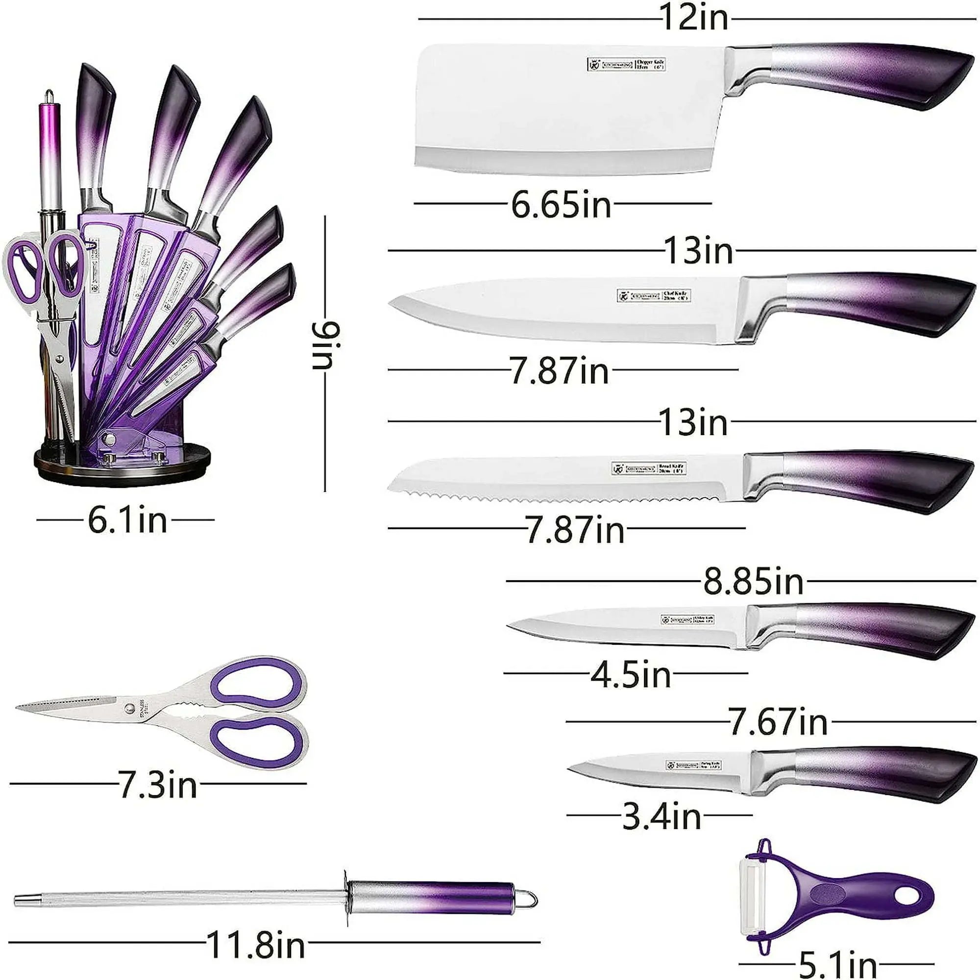 Knife Set, 9-Pieces Purple Gradient Handle Stainless Steel Chef Knife Set, Ultra Sharp Non-stick Cooking Knife Set with Acrylic Stand for Cutting Chopping Slicing Dicing - VINE GLOBAL