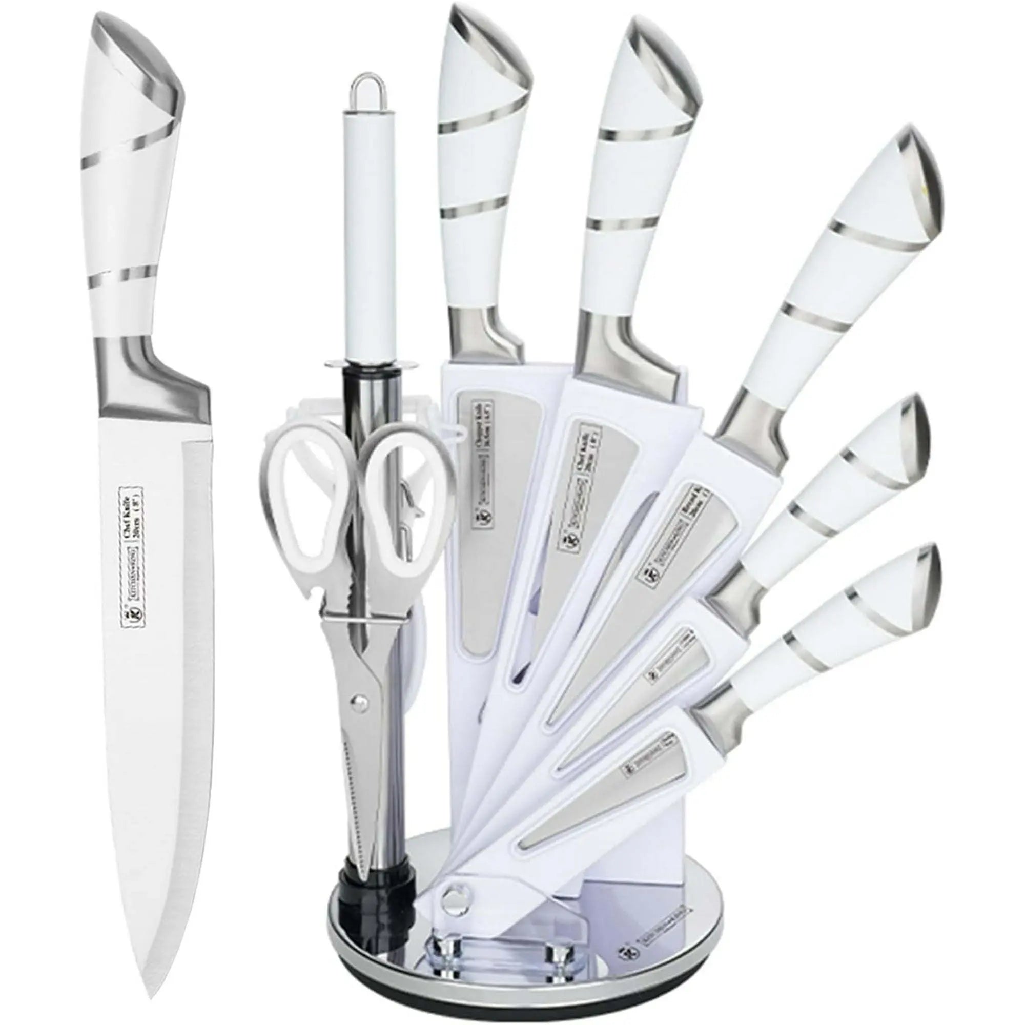 Kitchen Knife Set, 9-Piece White Sharp Non-Stick Coated Chef Knives Block Set,Stainless Steel Knife Set for Kitchen with Sharpener for Cutting Slicing Dicing Chopping - VINE GLOBAL