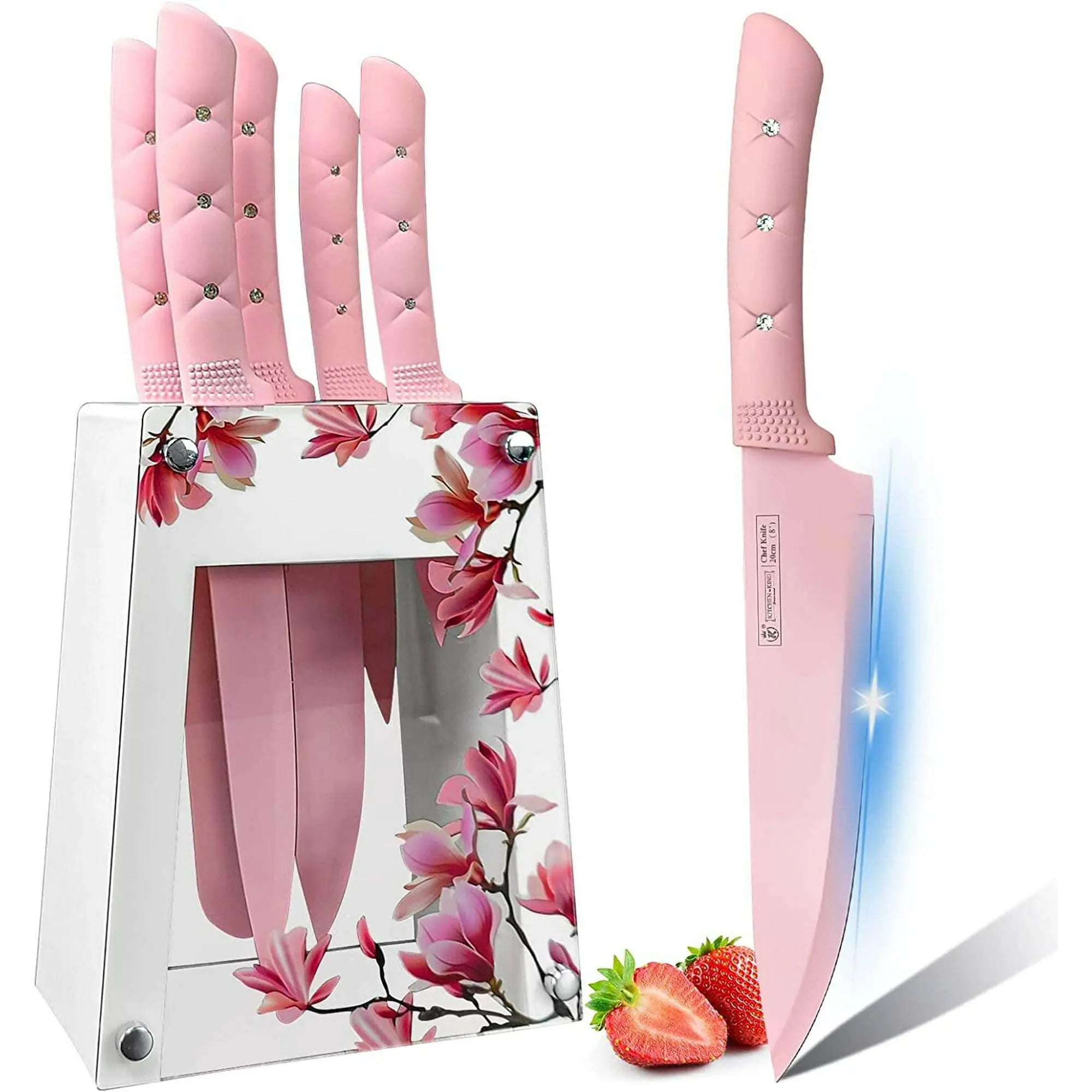 Kitchen Knife Set,Pink Flower 6PC Stainless Steel Sharp Chef Knife Set with Acrylic Stand, Cooking Non-slip Knife Set with Block, Non-stick Colorful Coating Gift for Women Girls - VINE GLOBAL