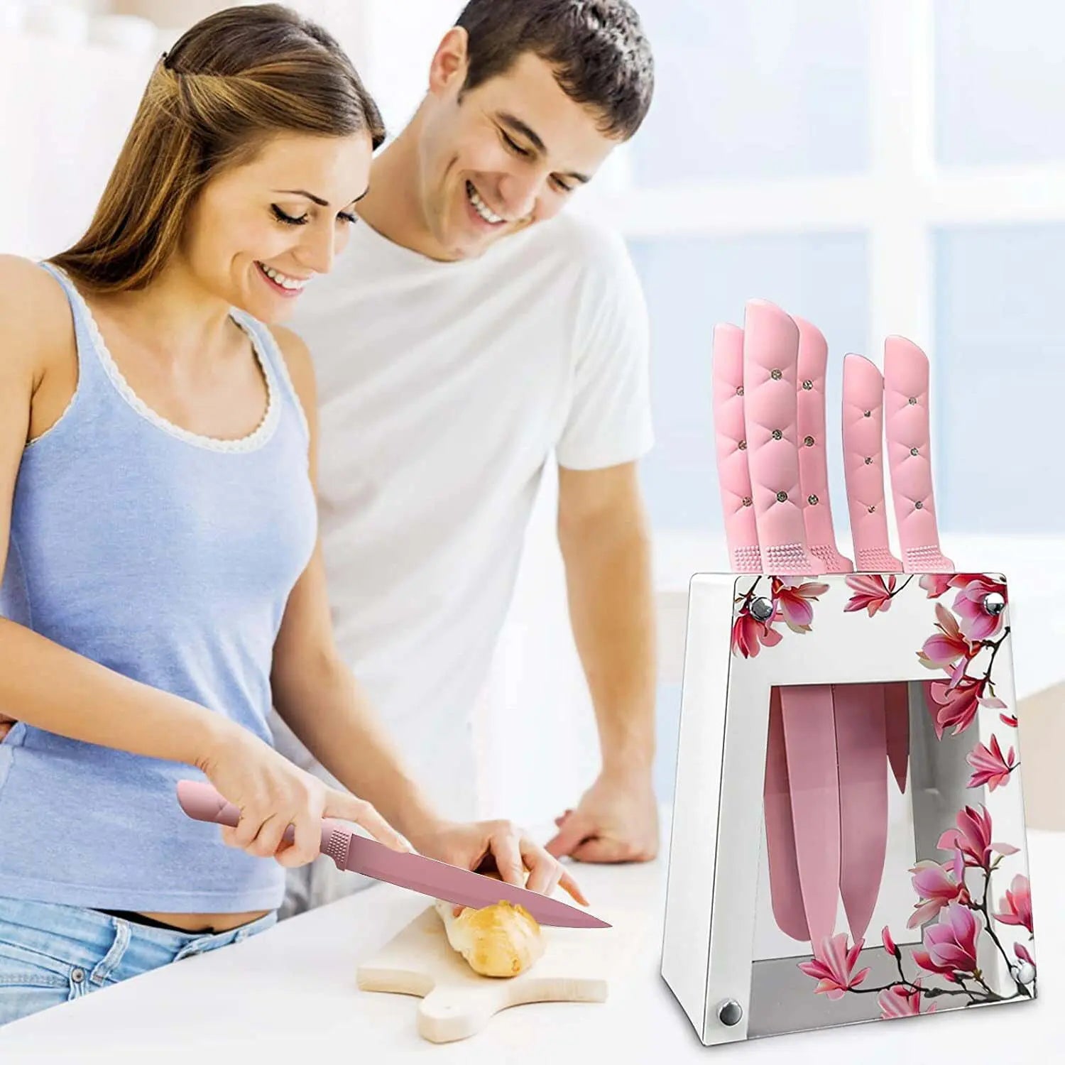 Kitchen Knife Set,Pink Flower 6PC Stainless Steel Sharp Chef Knife Set with Acrylic Stand, Cooking Non-slip Knife Set with Block, Non-stick Colorful Coating Gift for Women Girls - VINE GLOBAL
